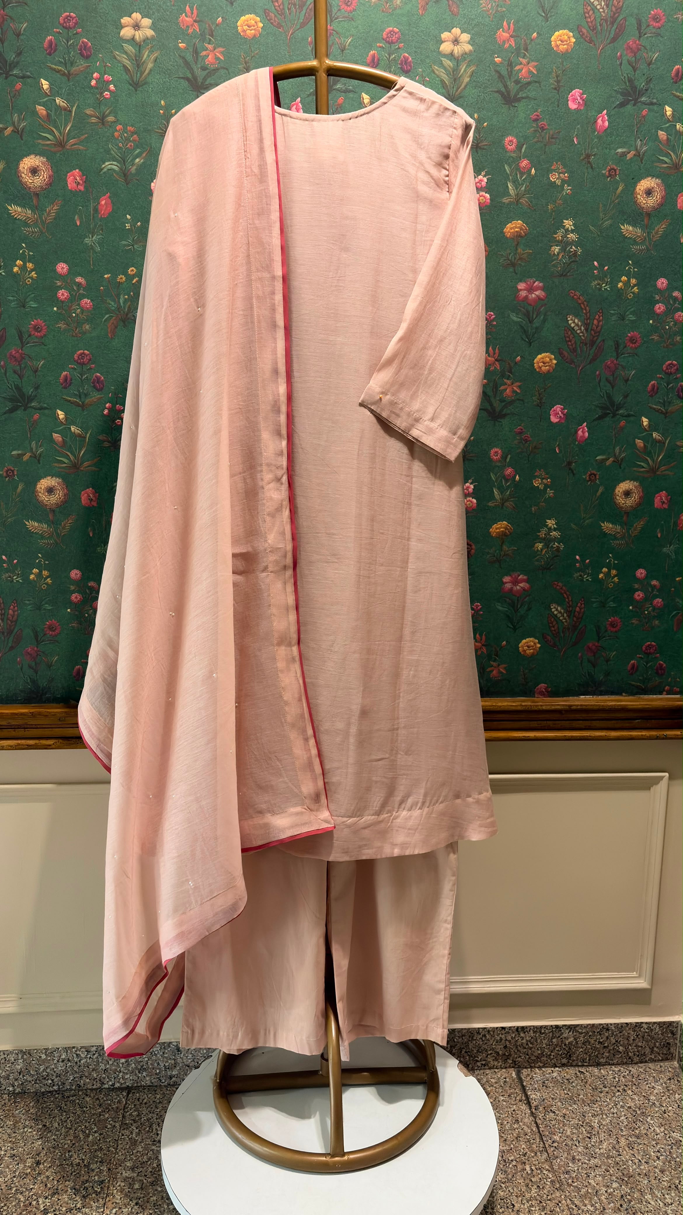 Blush Peach Pearl Embroidered Mul Chanderi A-Line Suit Set