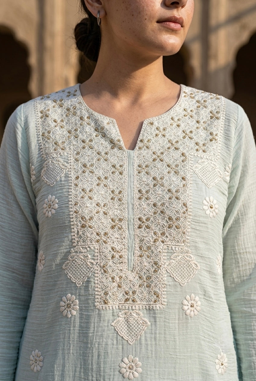Pastel Blue Mul-Chanderi Kurta/Co-ord Set