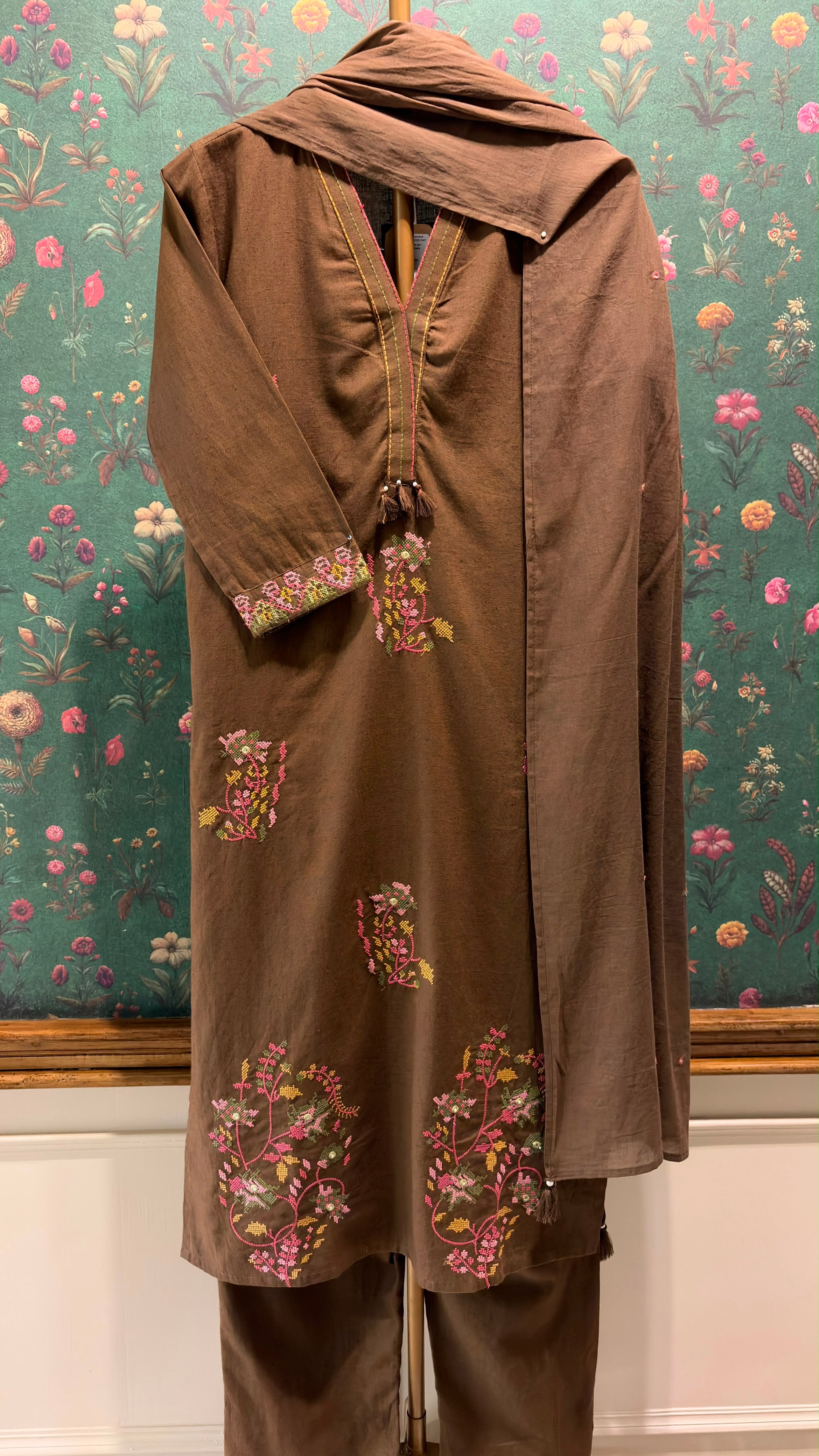 Cocoa Brown Embroidered Cotton Suit Set | HER-697