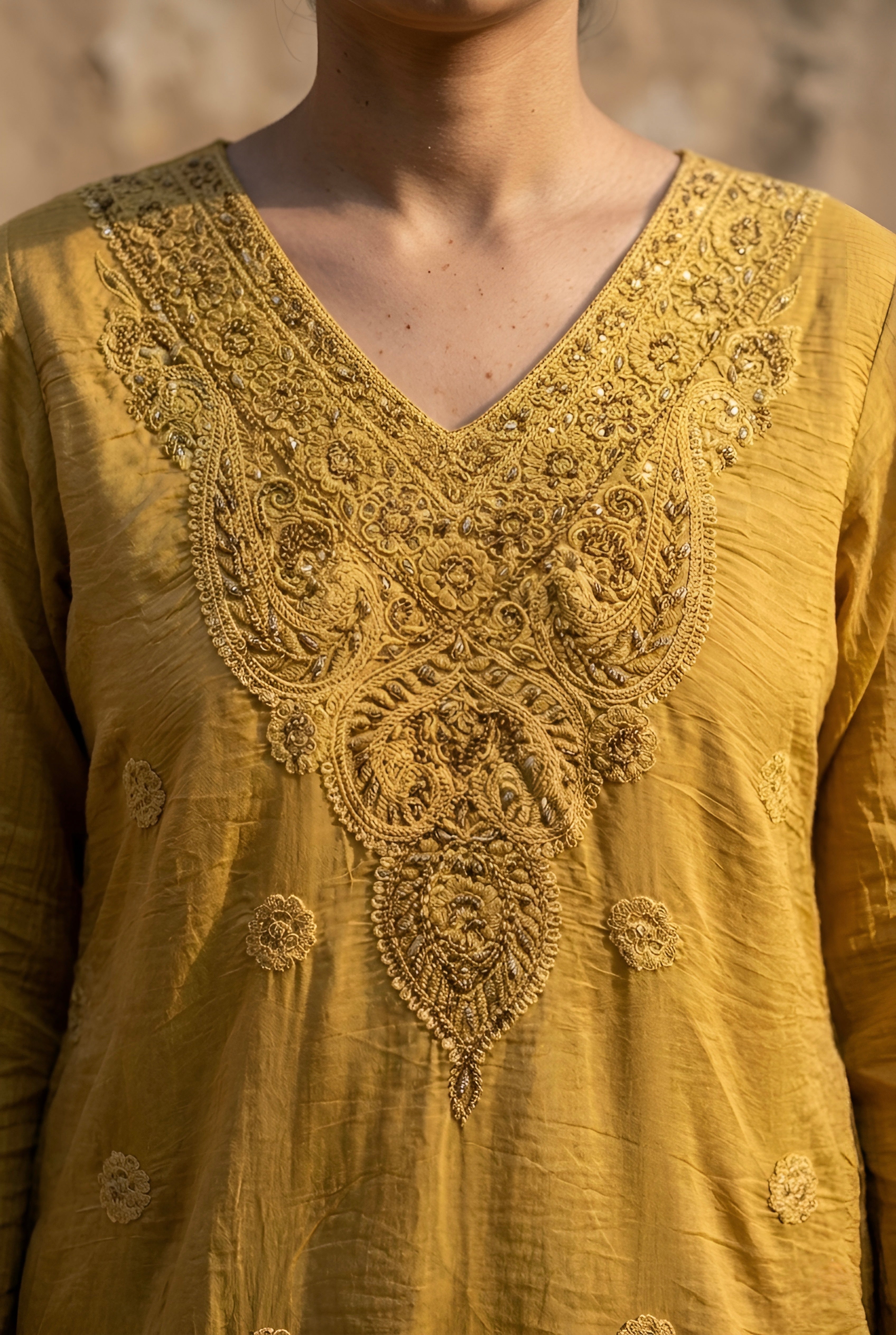 Mustard Yellow Mul-Chanderi Kurta Set