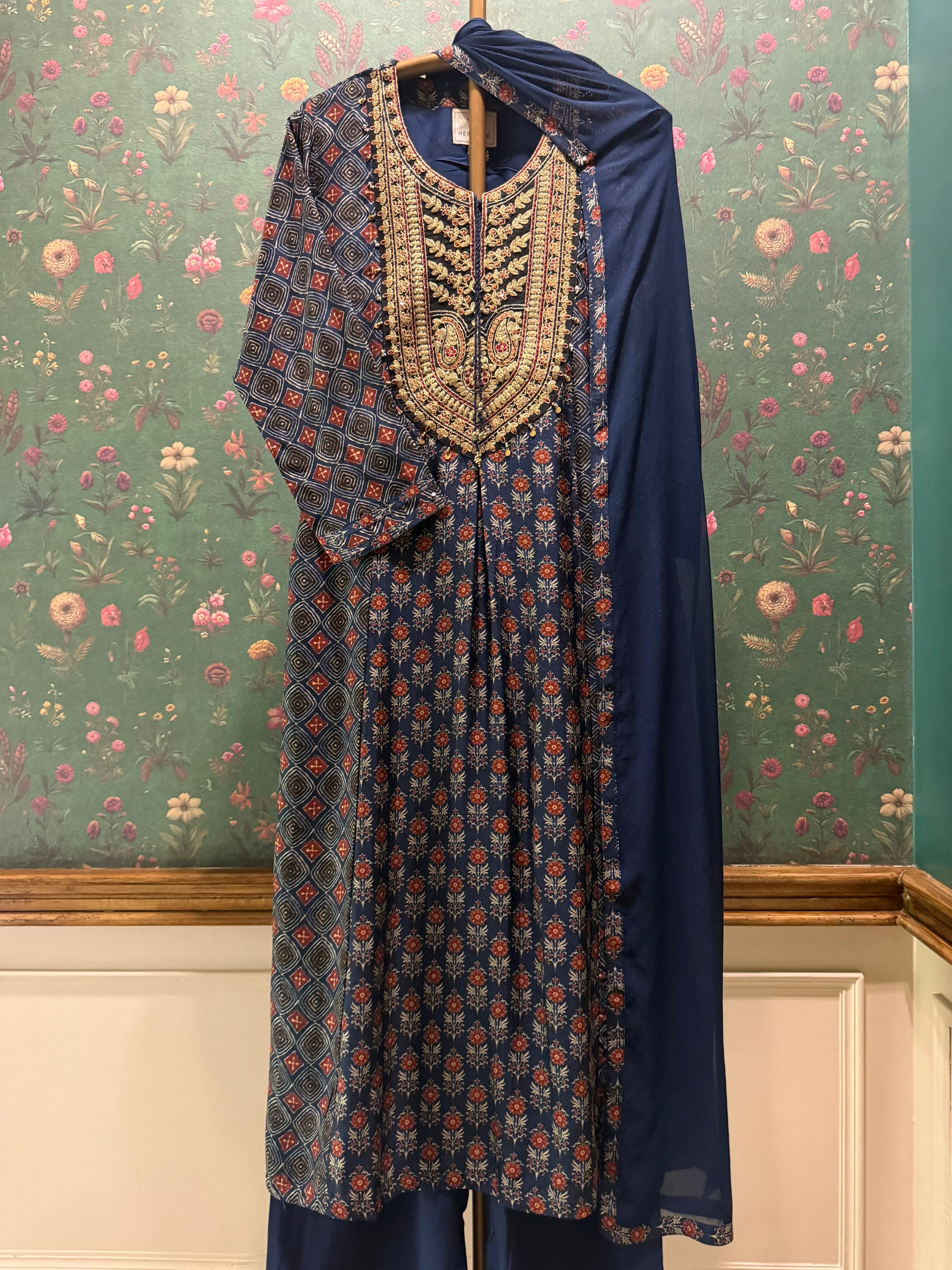 Blue Ajrakh A-Line Chanderi Silk Suit Set | HER-635 x Prachi