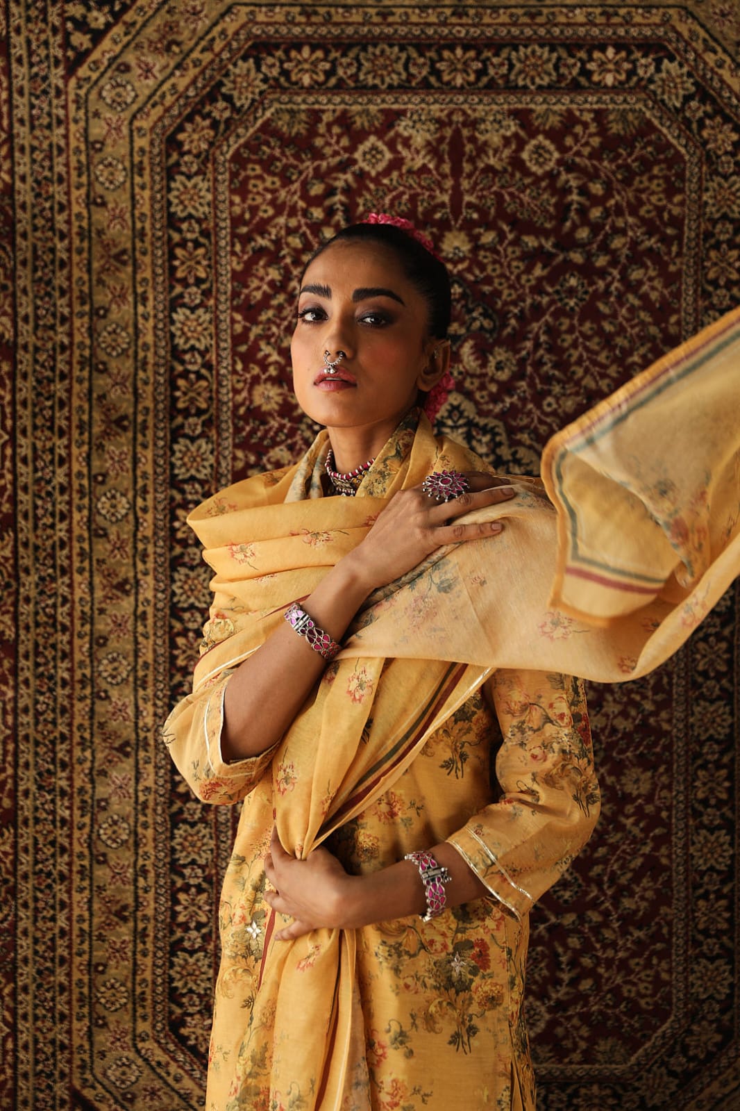 Heer Floral Yellow Chanderi Suit Set | HER-255