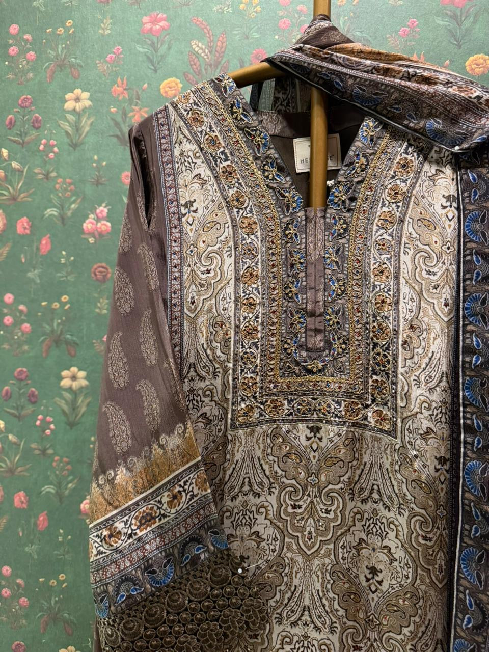 Mocha Brown Pure Crepe Suit Set | HER-633