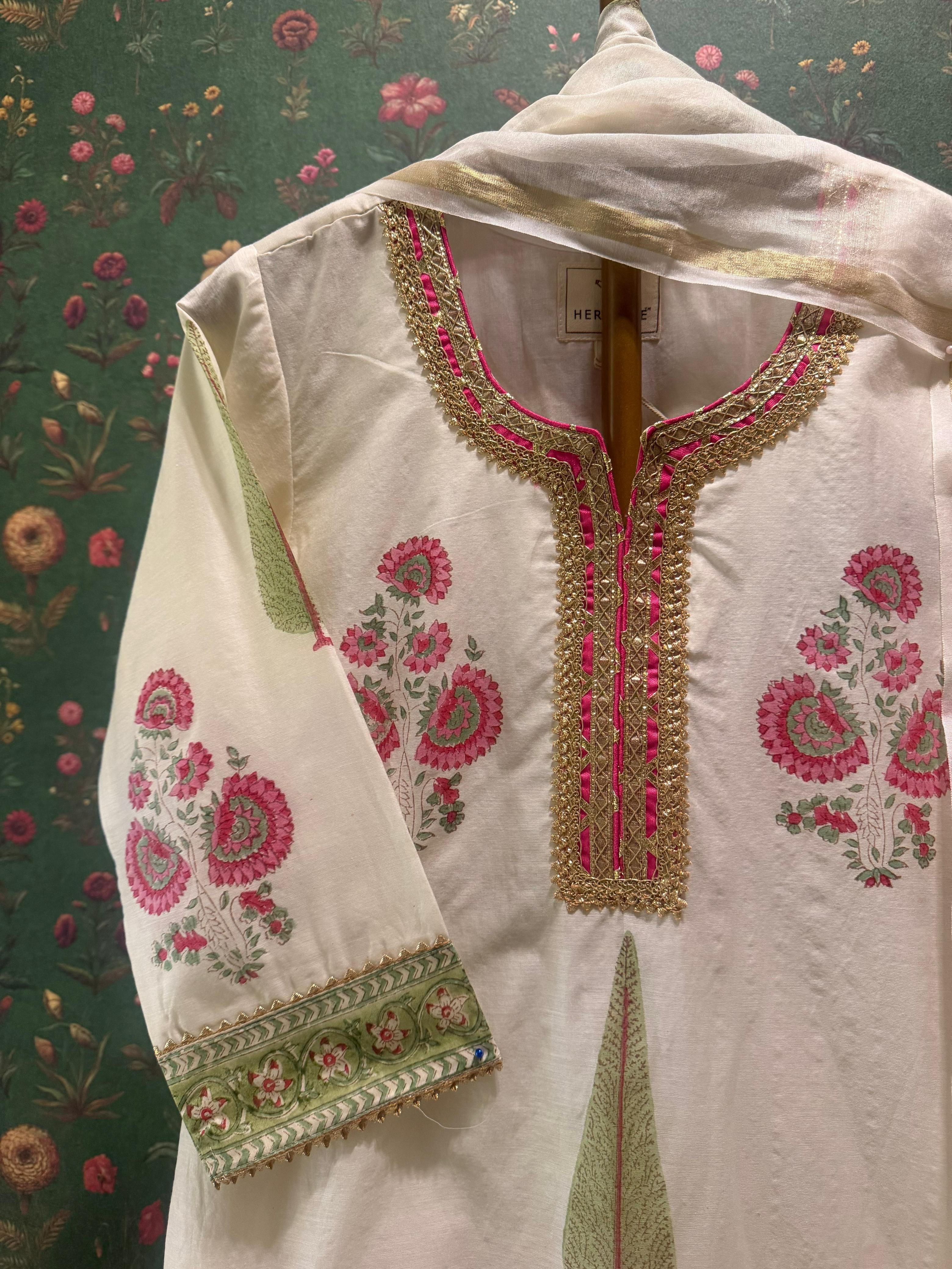 Ivory White Floral Printed Chanderi Suit Set | HER-758