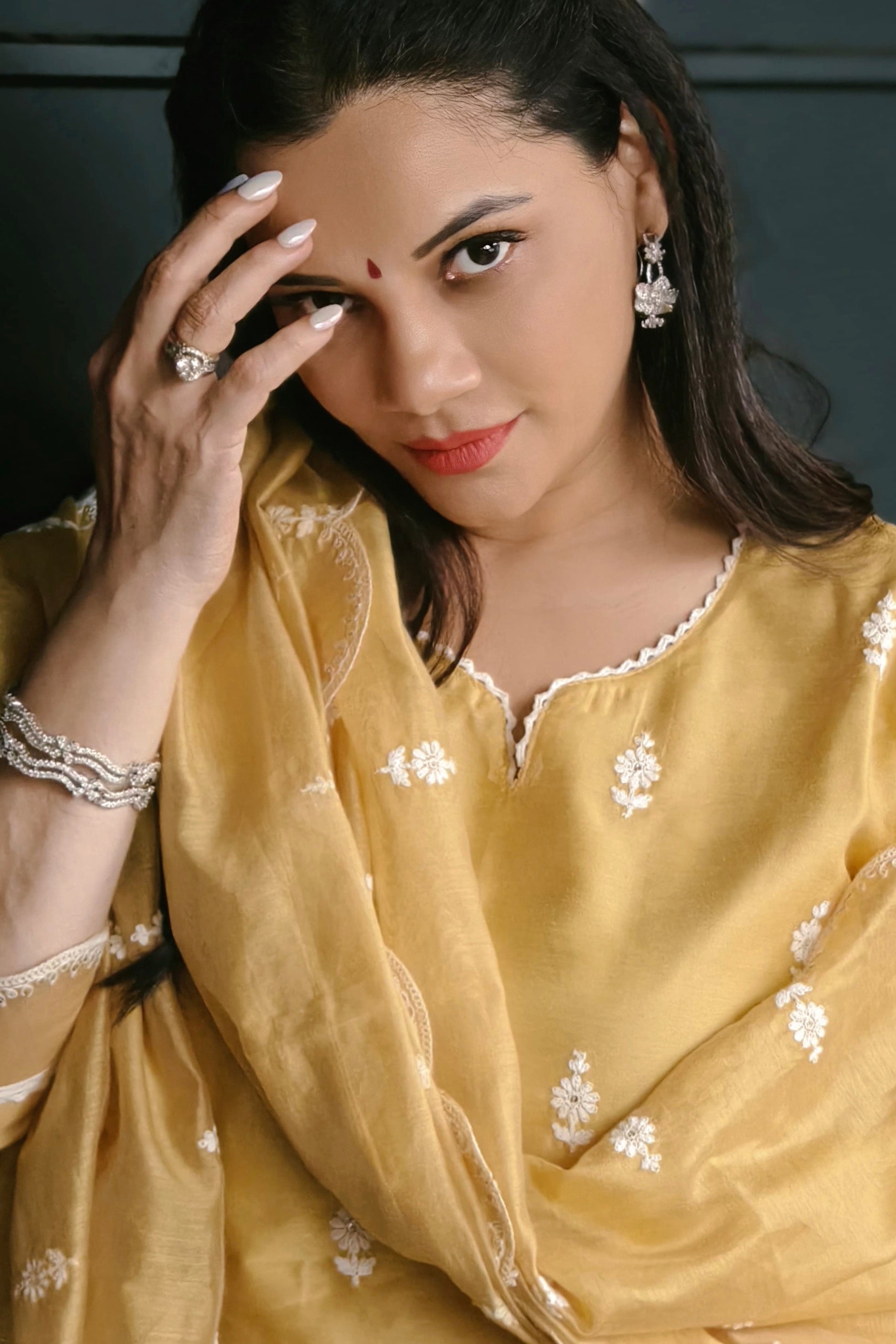 Mustard Yellow Hand-Embroidered Chanderi Suit Set | HER-406