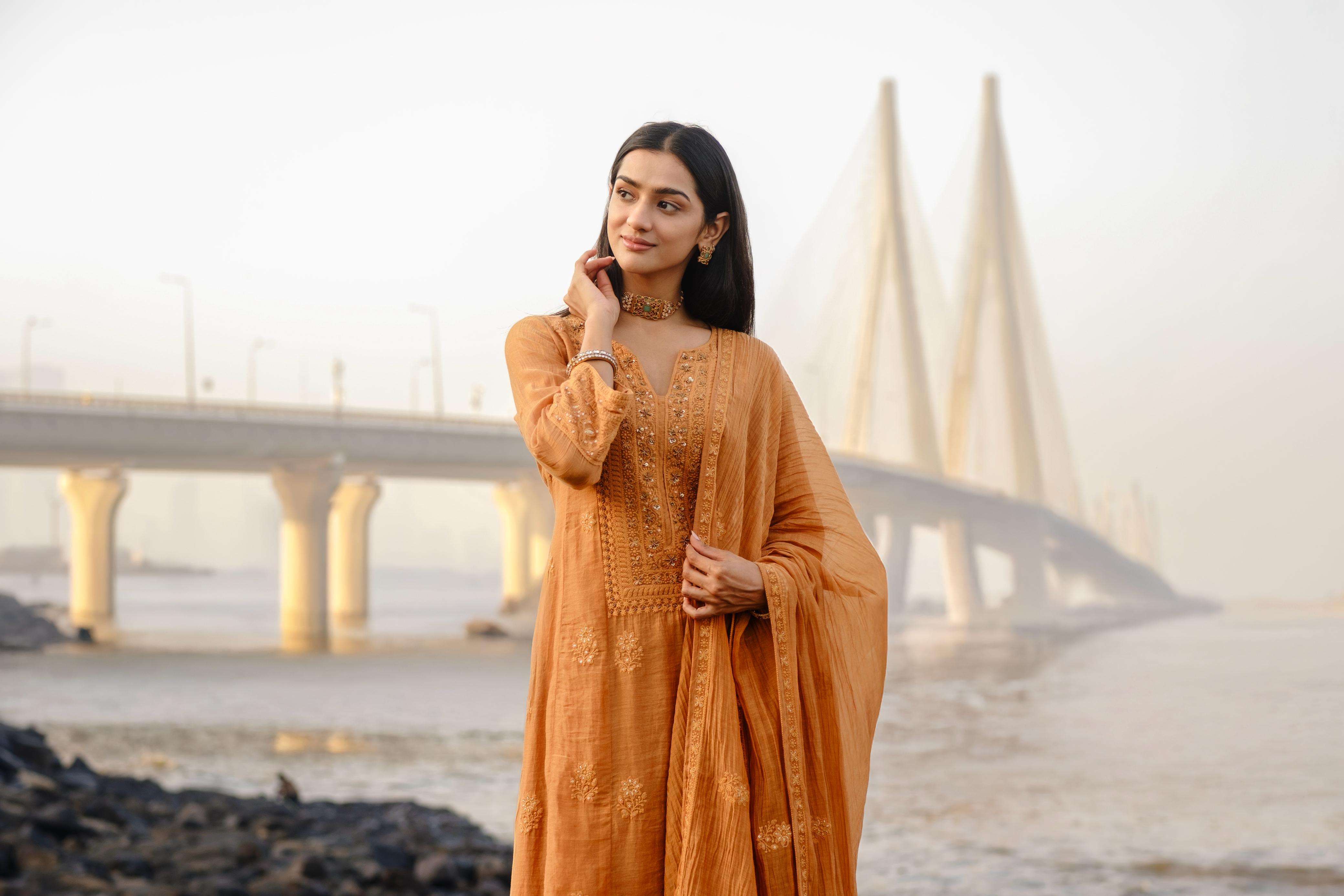Ochre Yellow Chikankari A-Line Mul Chanderi Suit Set | HER-626