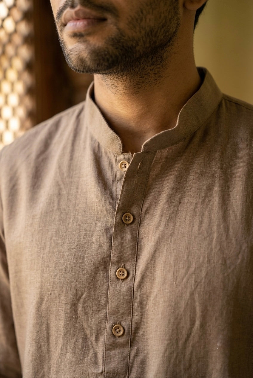 Men’s Pure Linen Kurta Pajama Set - Taupe Brown