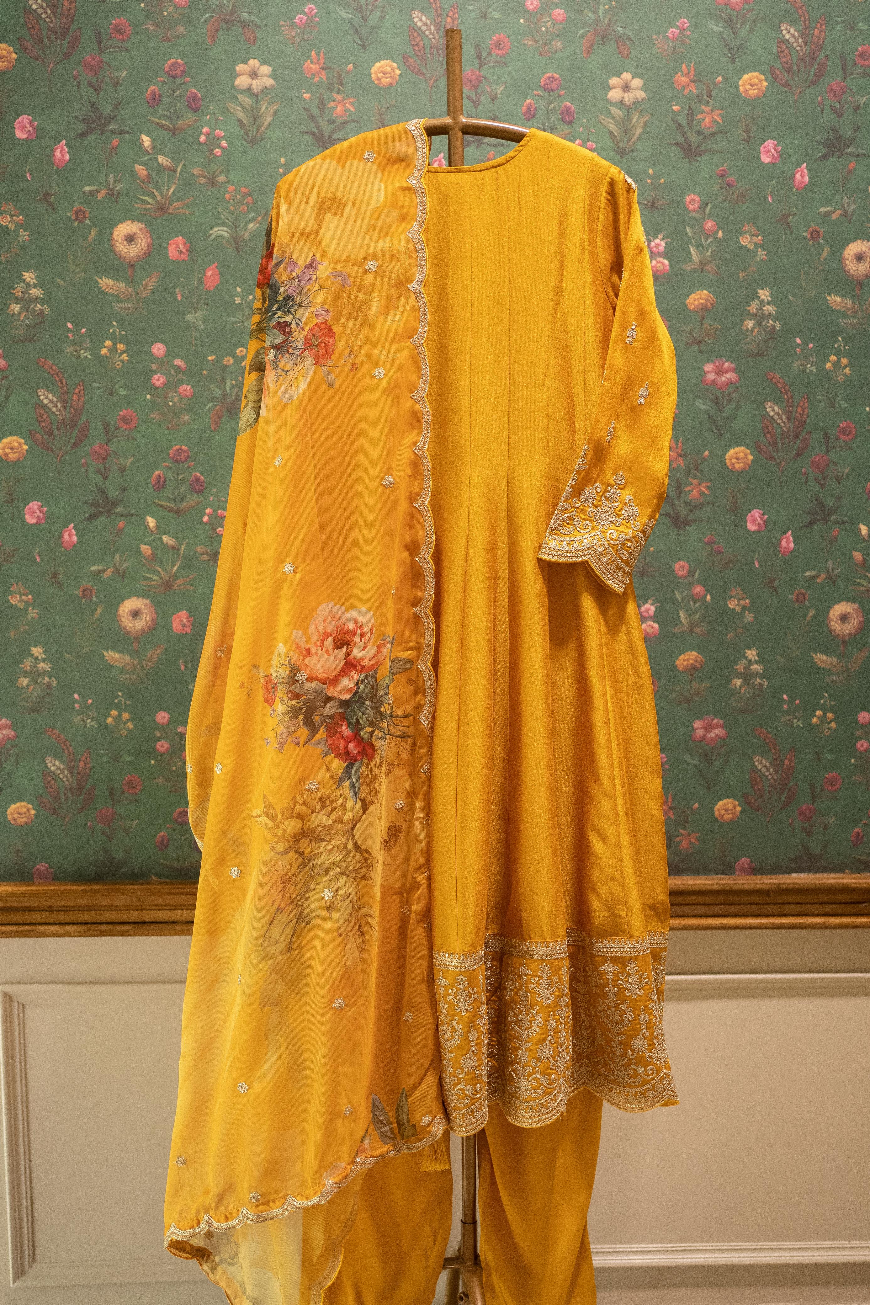 Ruhani Yellow Satin Silk Anarkali Suit Set with Floral Organza Dupatta | HER-560