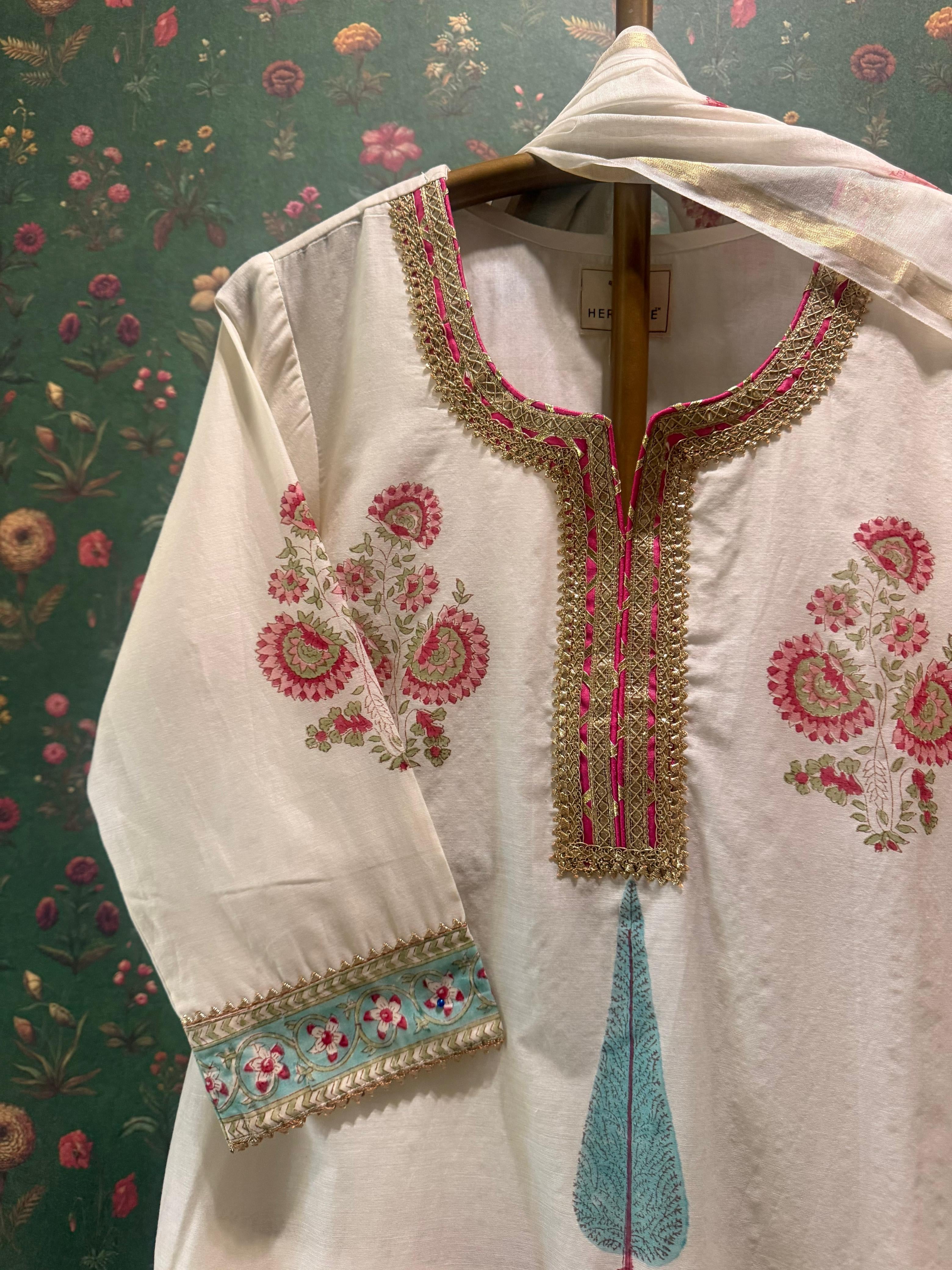 Ivory White Floral Printed Chanderi Suit Set | HER-757
