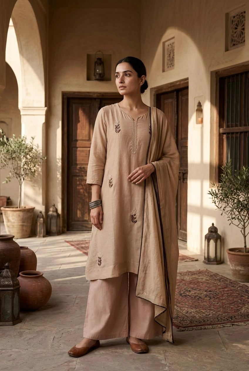 Champagne Beige Embellished Mul Chanderi A-Line Suit Set
