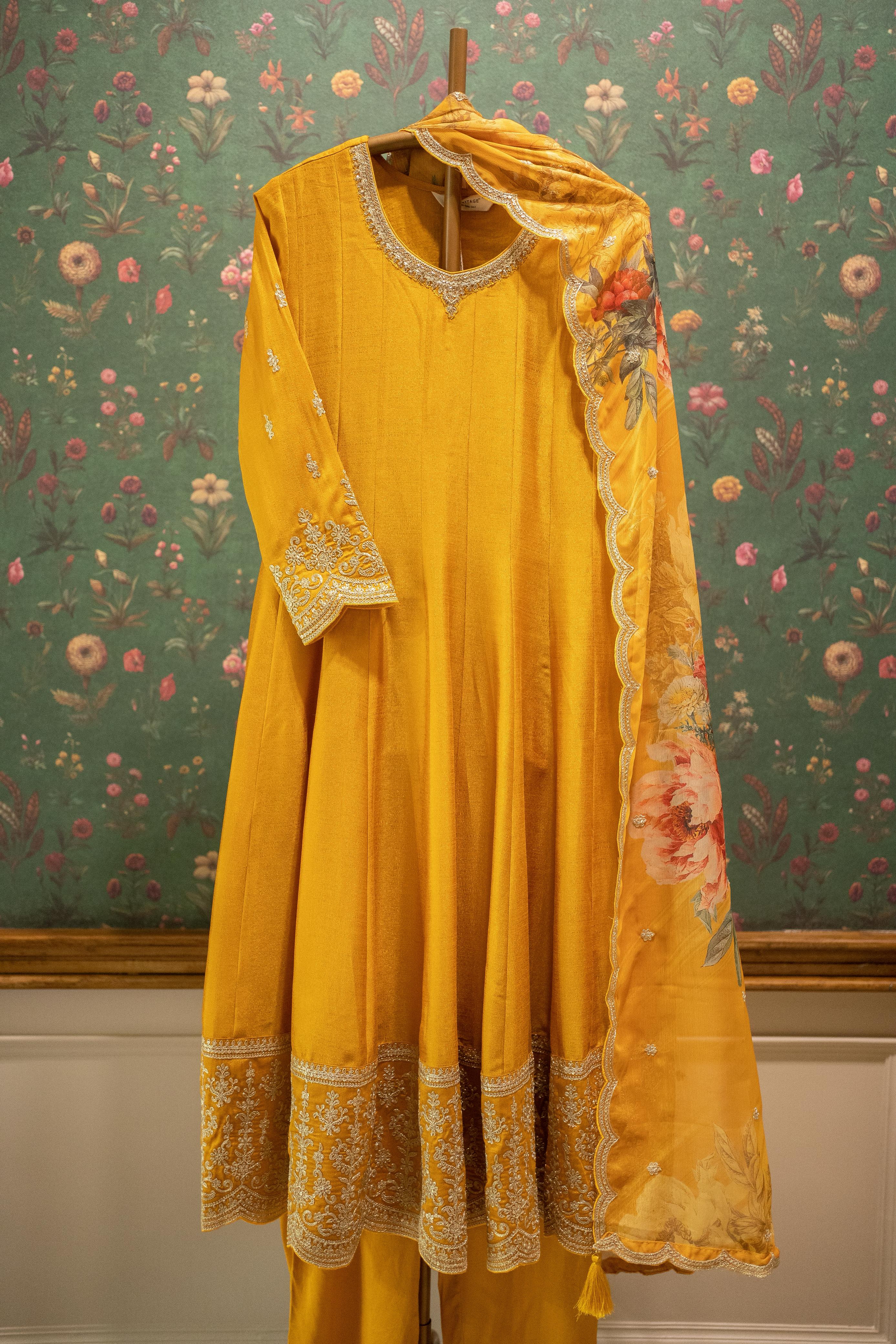 Ruhani Yellow Satin Silk Anarkali Suit Set with Floral Organza Dupatta | HER-560