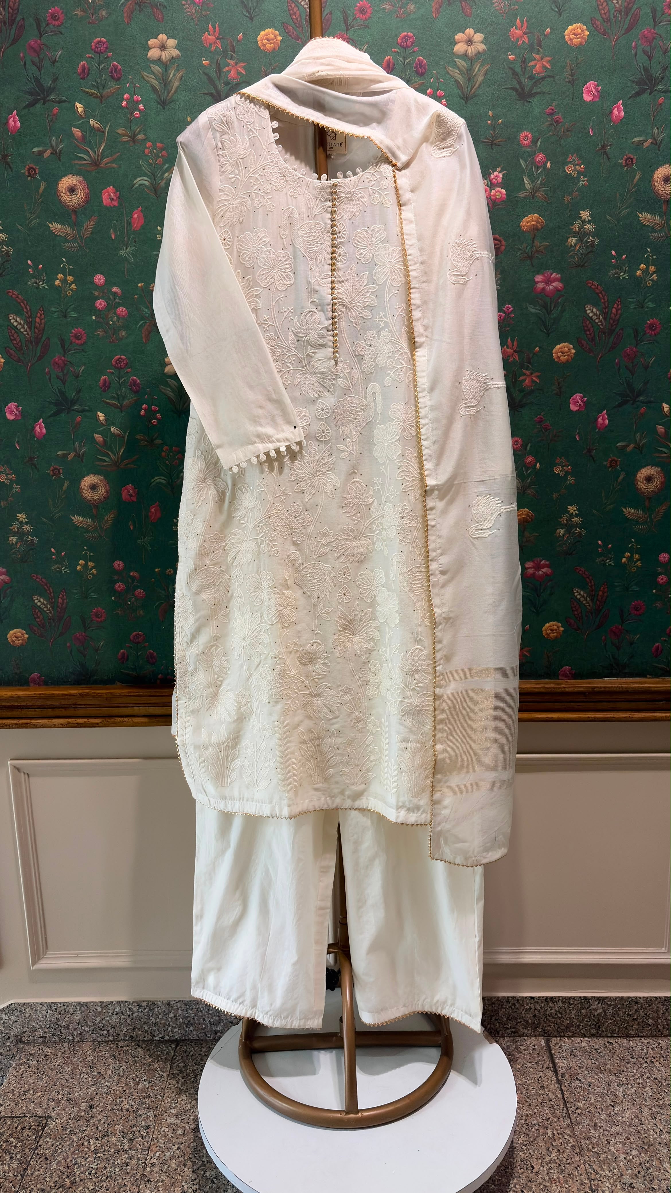 Ivory Floral Crane Embroidered Suit Set