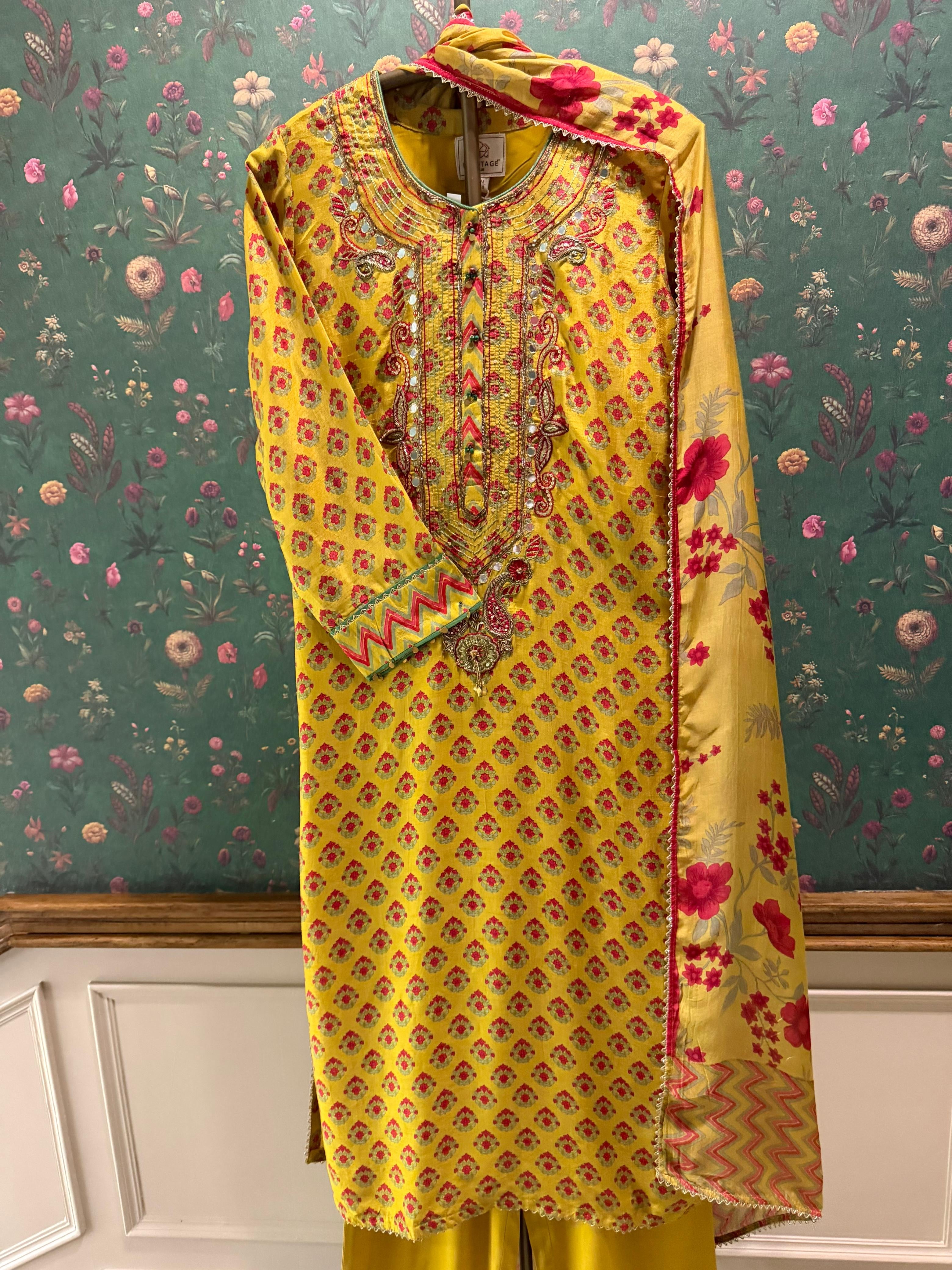 Sunshine Yellow Floral Chanderi Silk Suit Set | HER-636