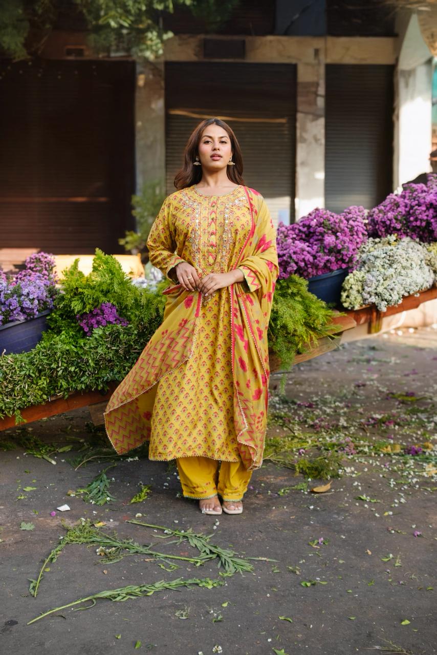 Sunshine Yellow Floral Chanderi Silk Suit Set | HER-636