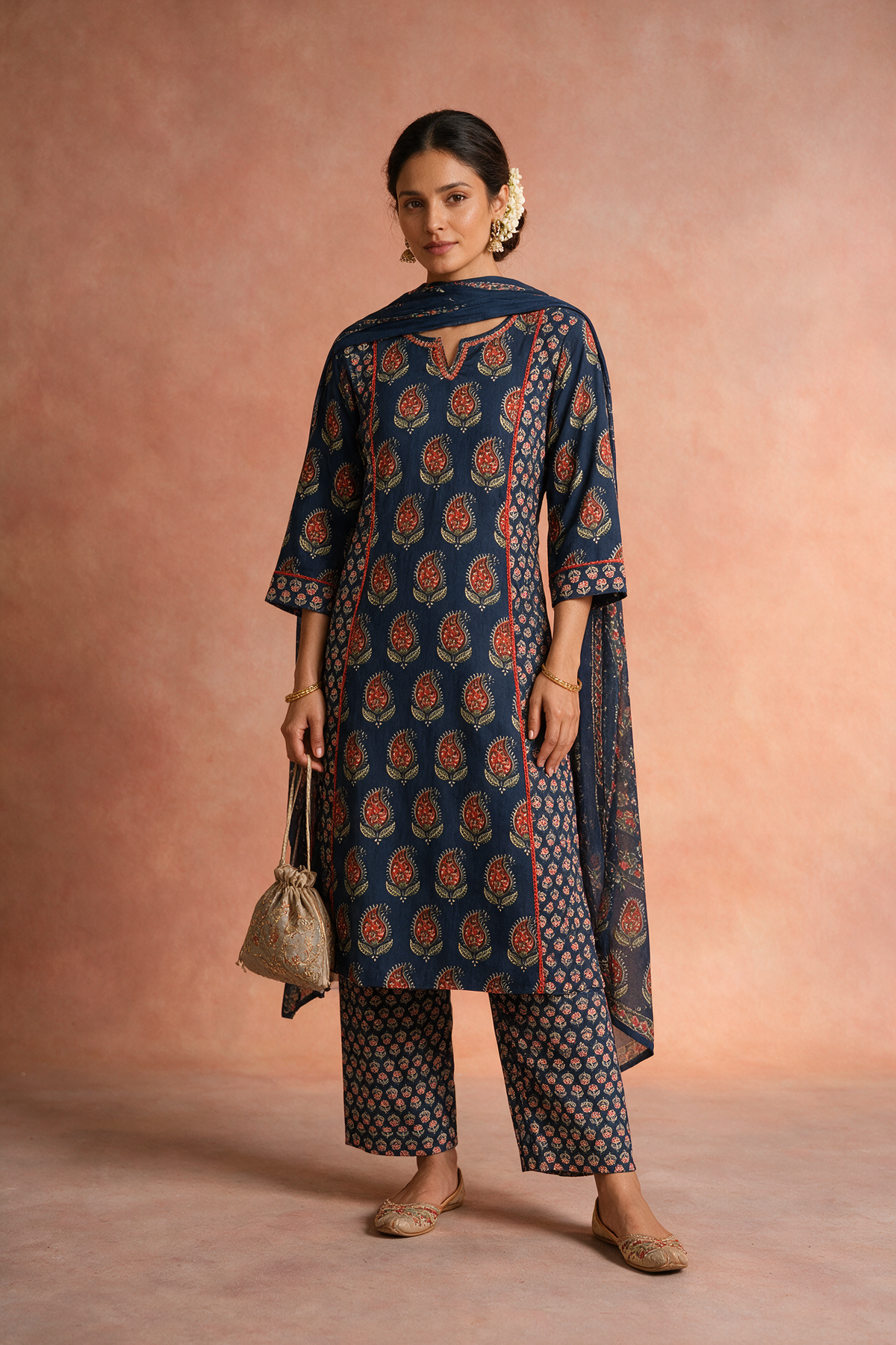 Indigo Blue Paisley Printed A-Line Cotton Suit Set | HER-720