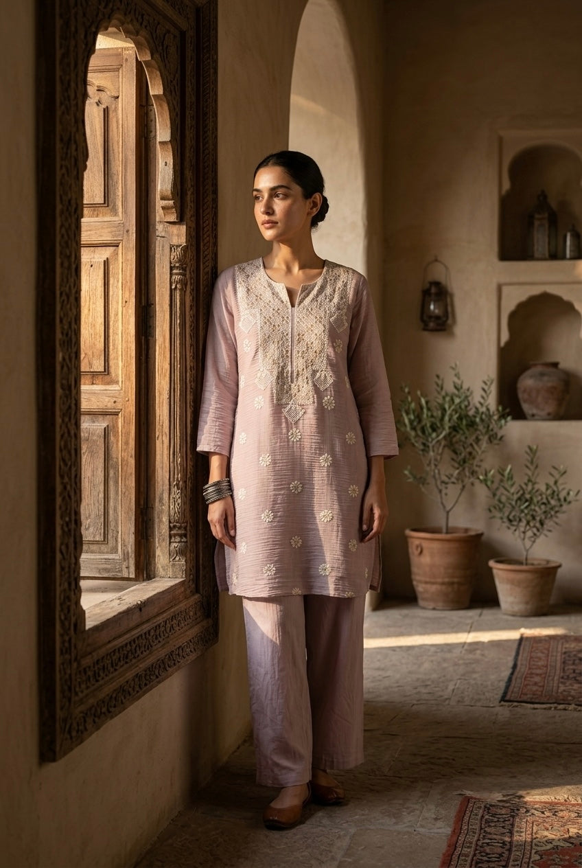Soft Mauve Mul-Chanderi Kurta/Co-ord Set