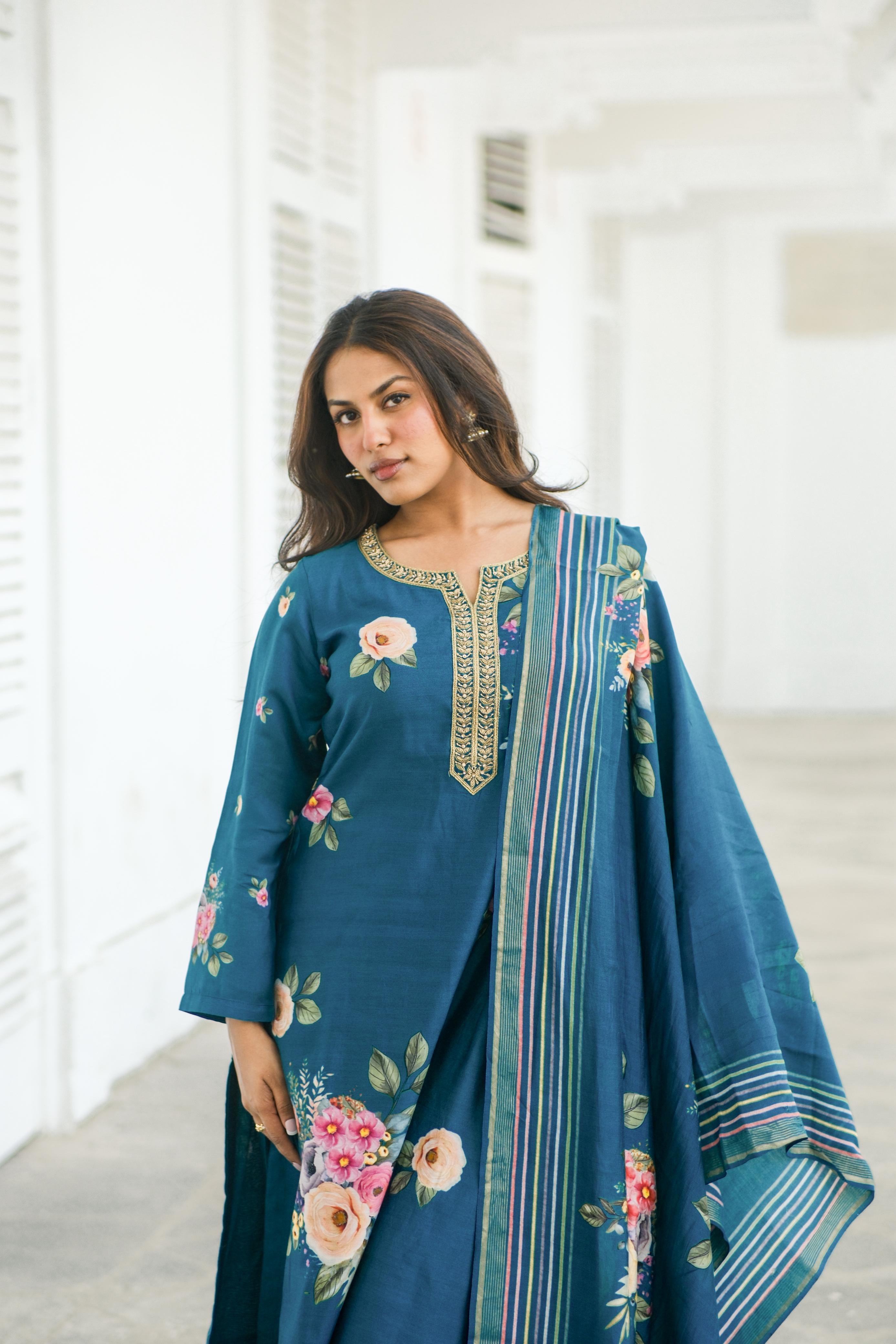 Emerald Teal Blue Floral Chanderi Suit Set x Celina | HER-606