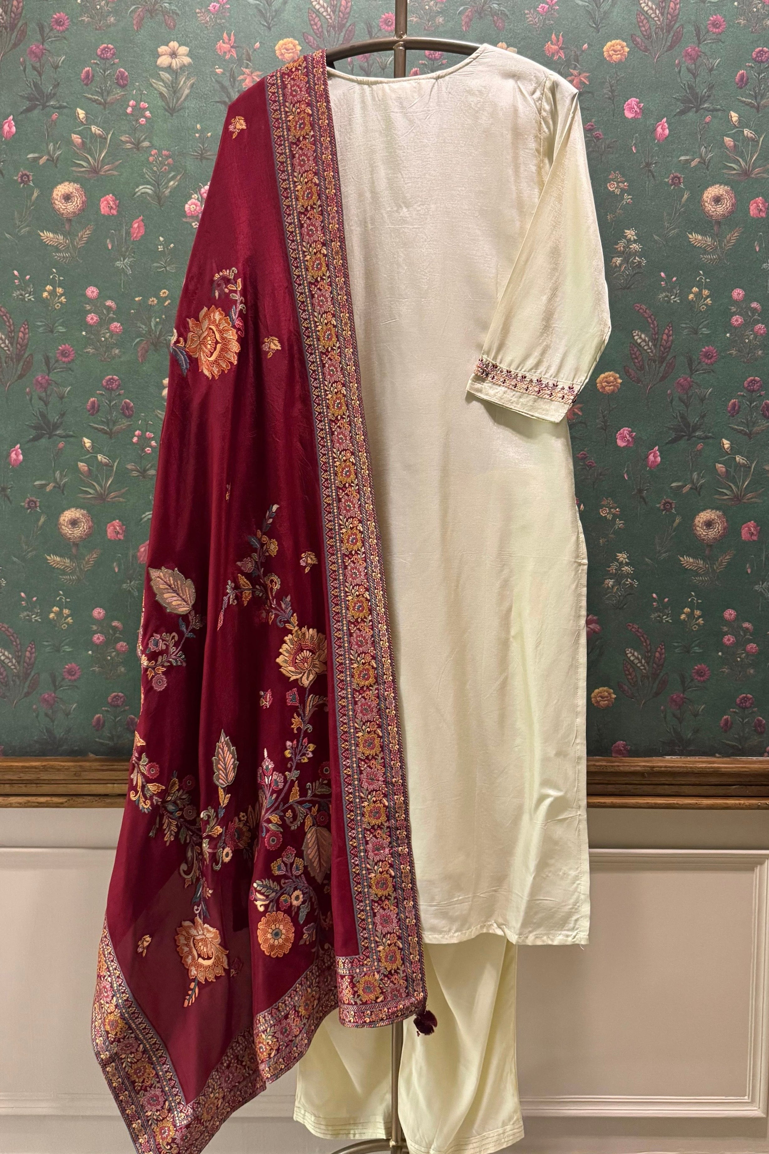 Arzoo Ivory Chanderi Embroidered Suit Set with Maroon Banarasi Dupatta | HER-551