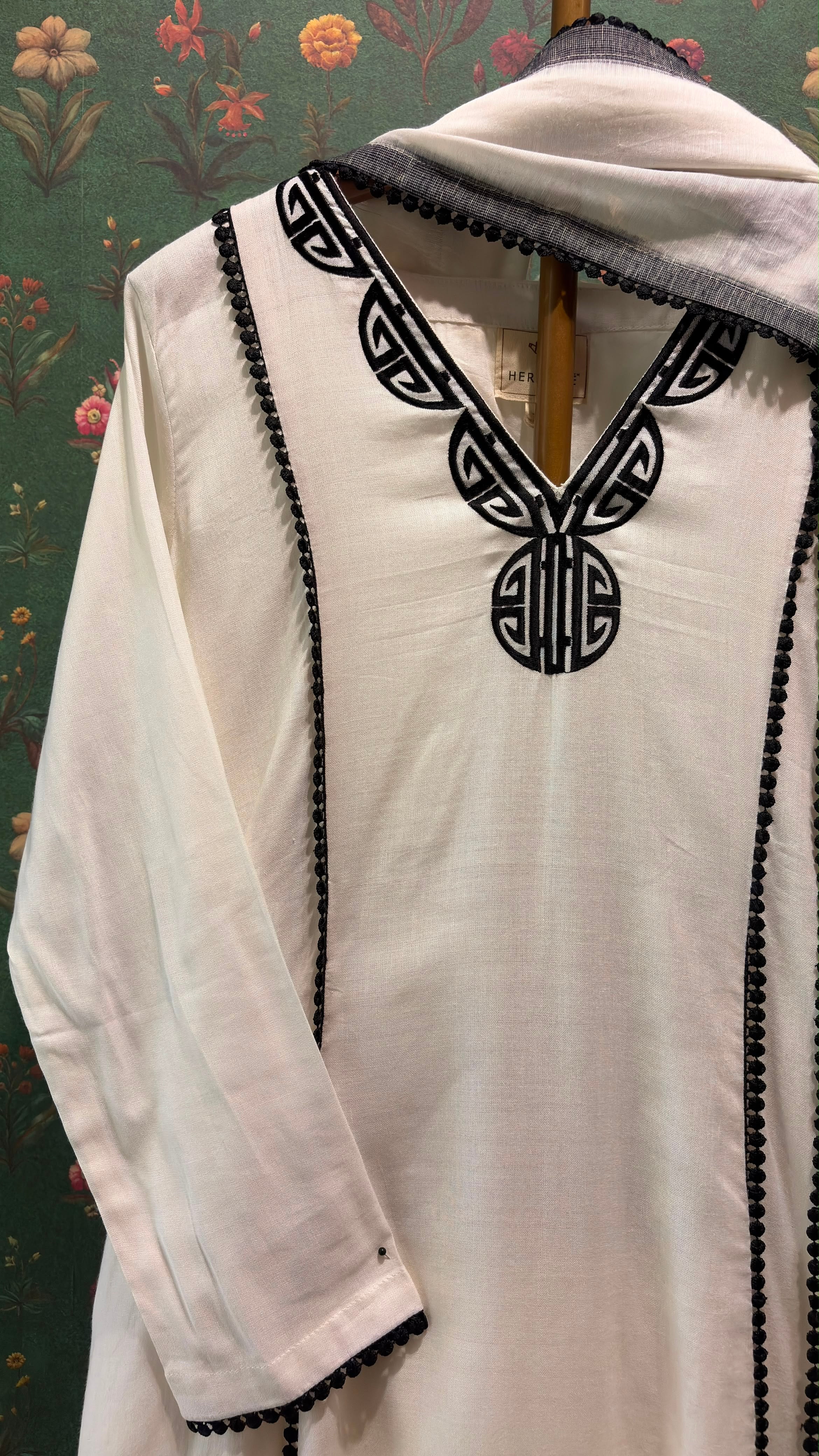 Ivory & Black Pure Linen A-line Suit Set | HER-823