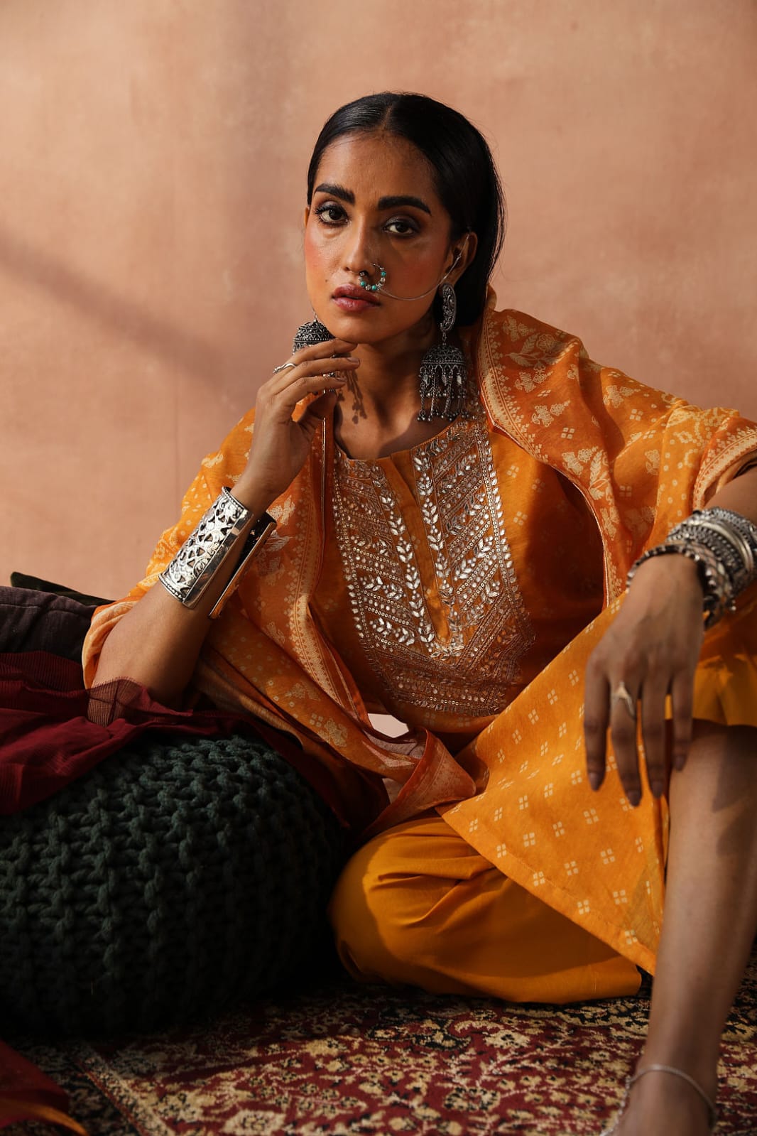 Mustard Yellow Bandhani Chanderi Suit Set
