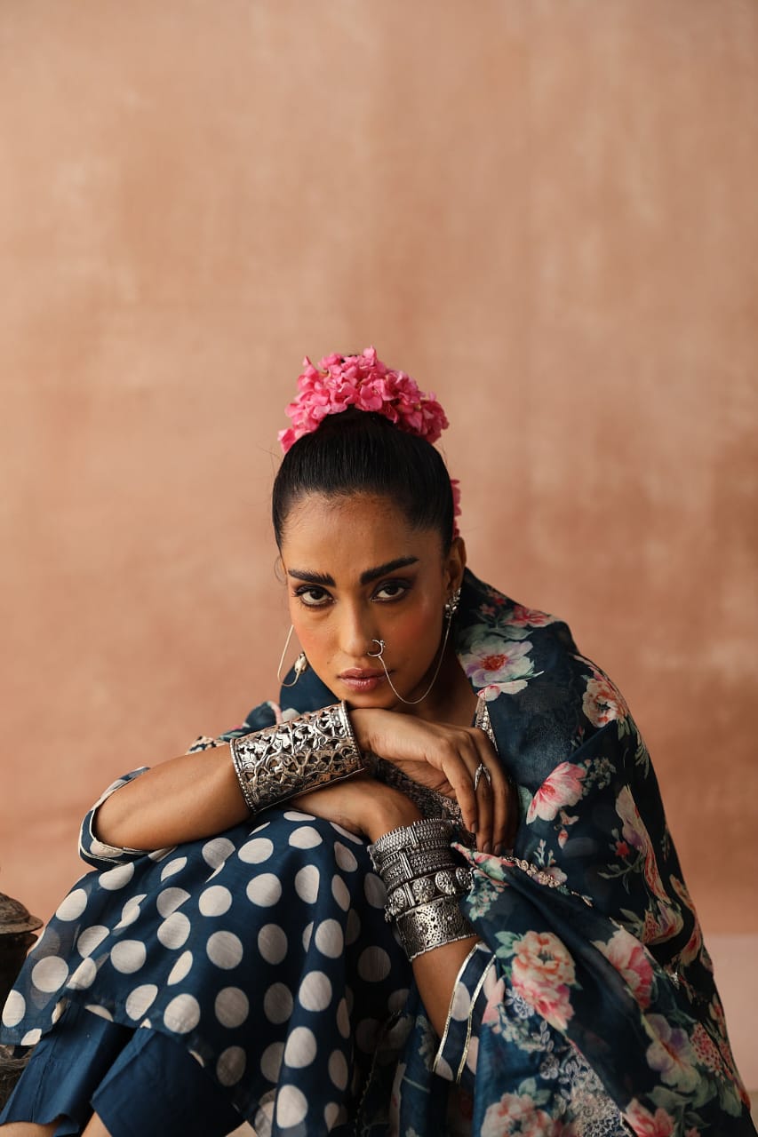 Blue Polka Chanderi Kurta Set | HER-253