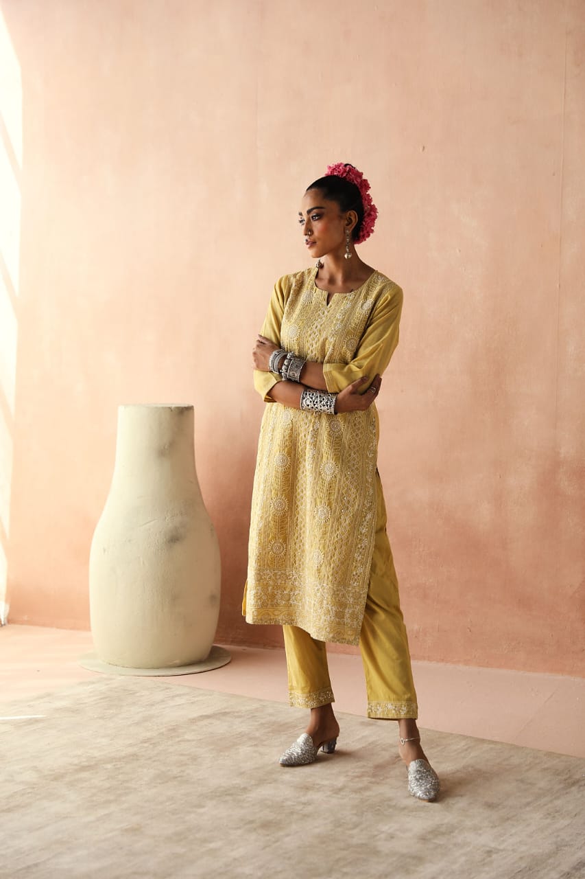 Yellow Chikankari Kurta/Co-ord Set | HER-258
