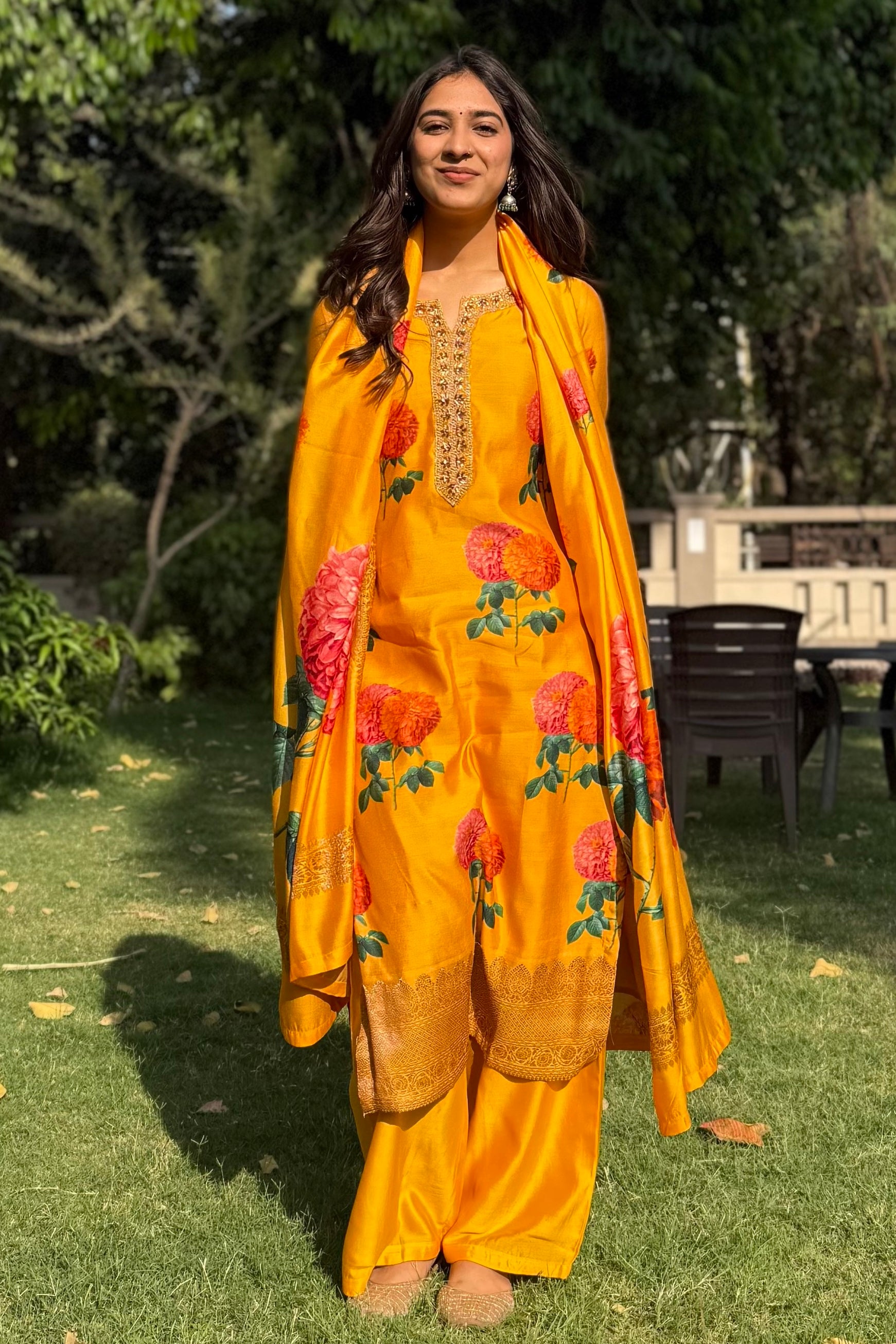 Yellow Floral Chanderi Suit Set | HER-608