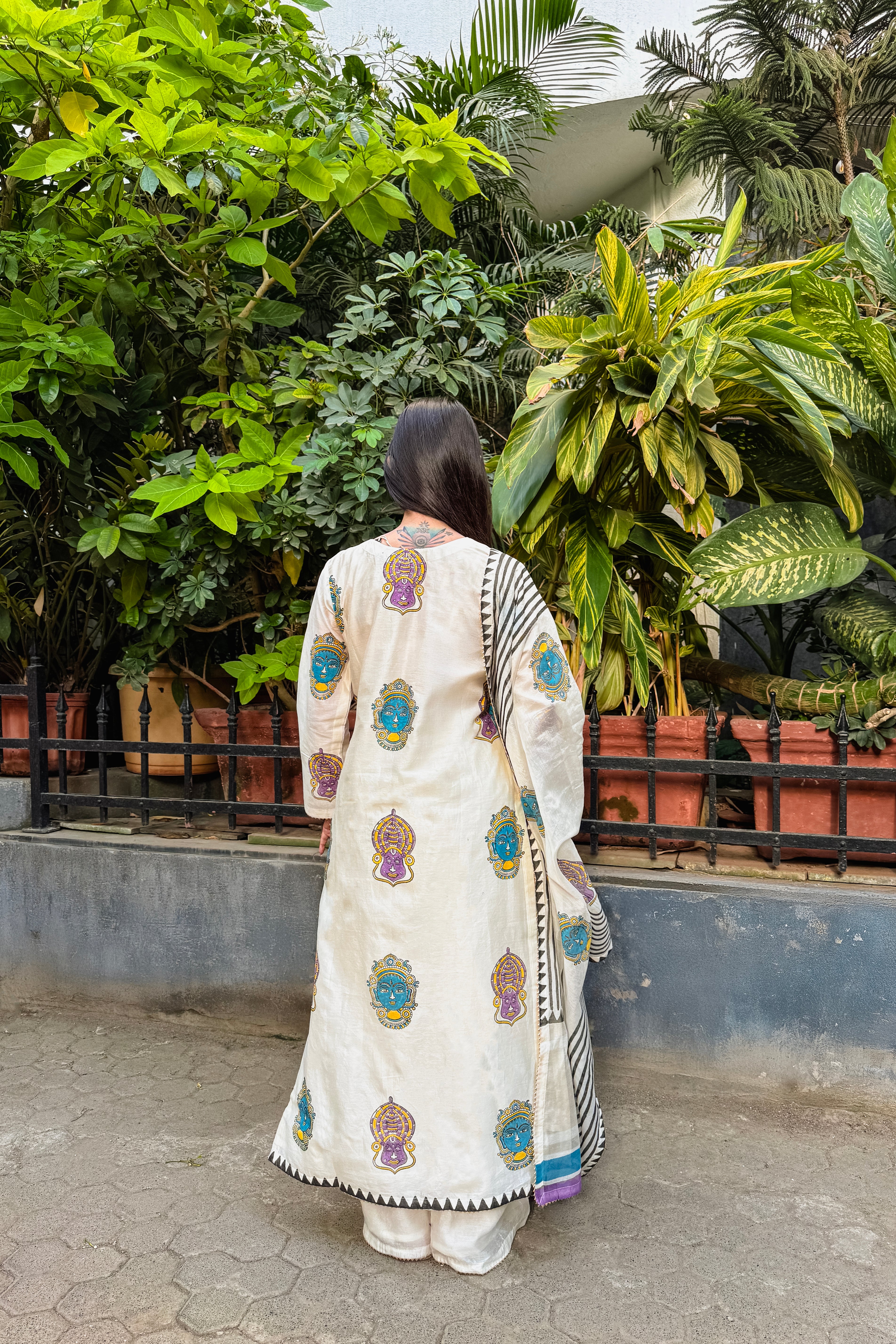 Handcrafted Ivory Printed Chanderi Long Suit Set x Noorin Sha | HER-611