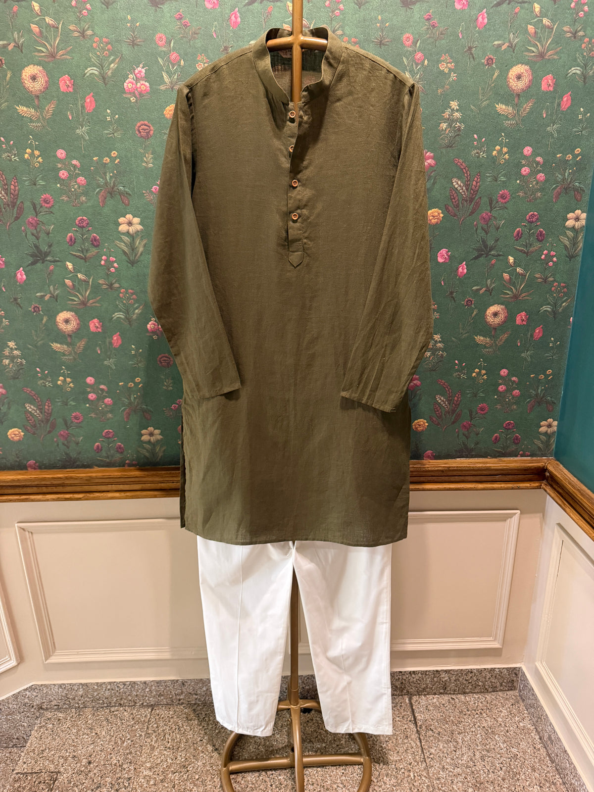 Men’s Pure Linen Kurta Pajama Set – Olive Green