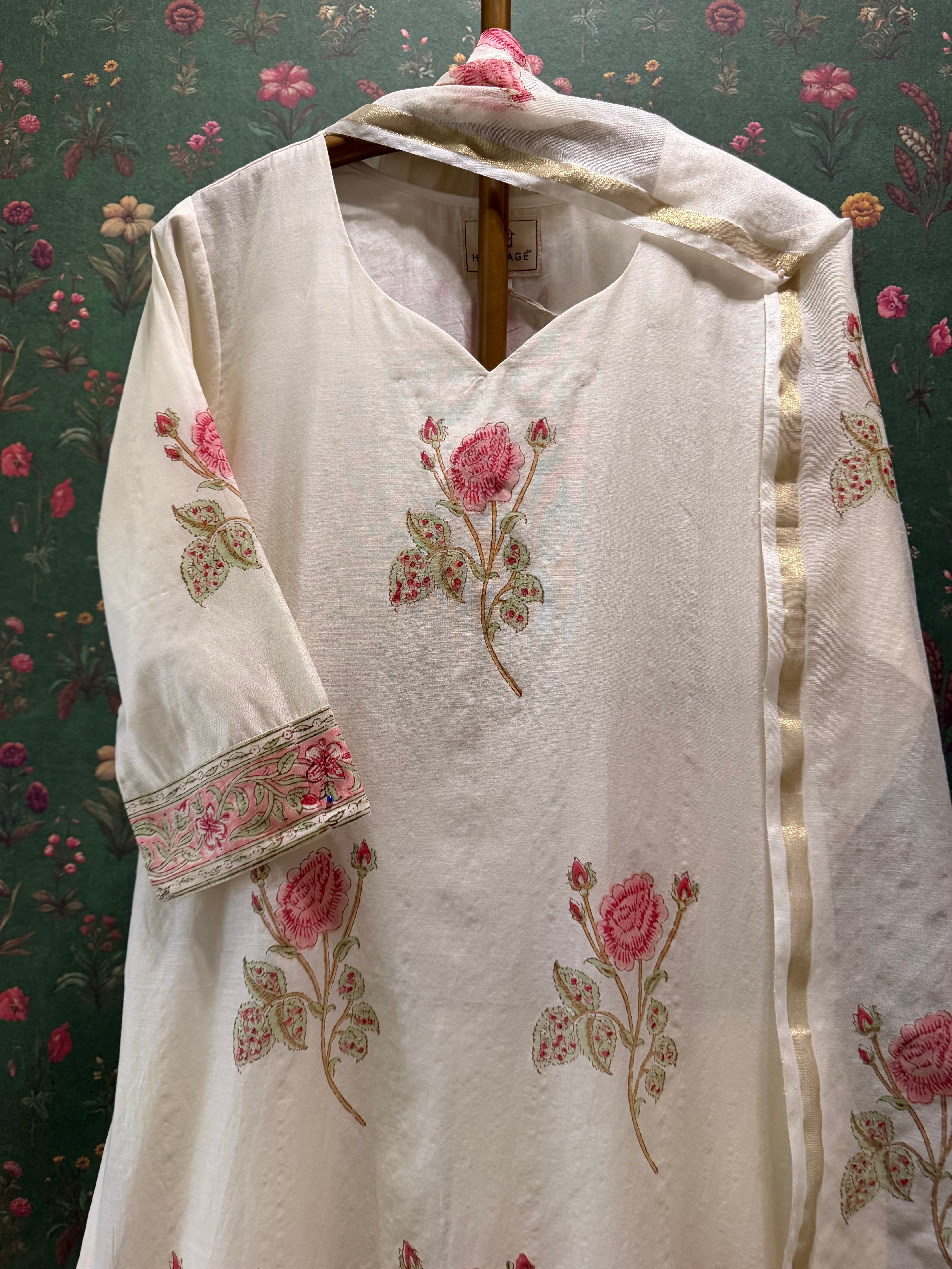 Ivory White Rose Printed Chanderi Suit Set | HER-759