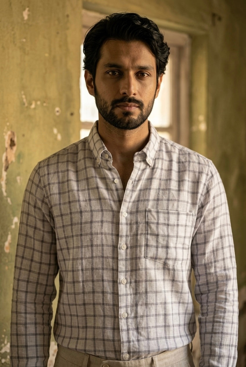 Men’s Ivory Grey Check Pure Linen Full Sleeves Shirt