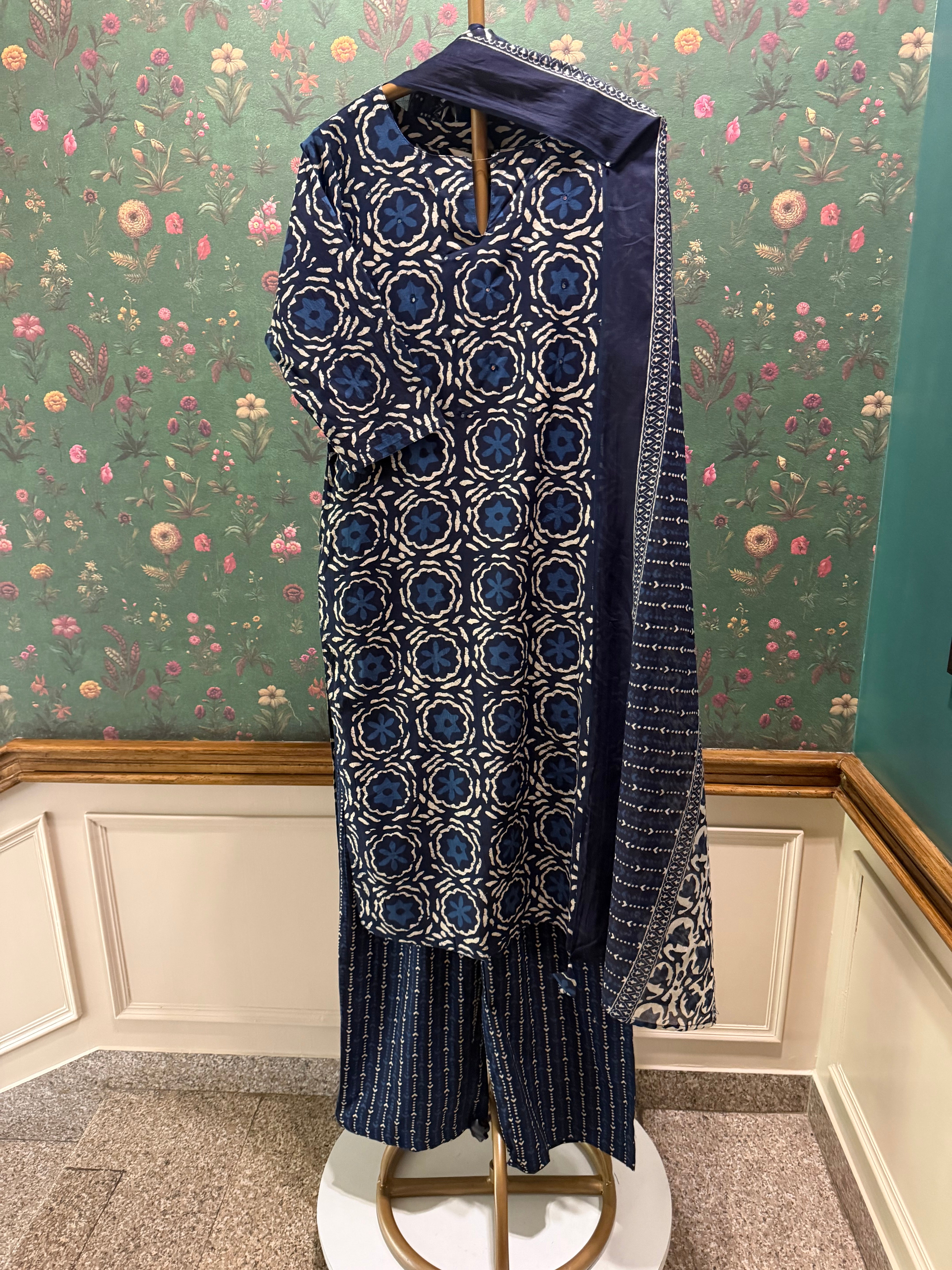 Indigo Blue Medallion Printed Cotton Suit Set | HER-733