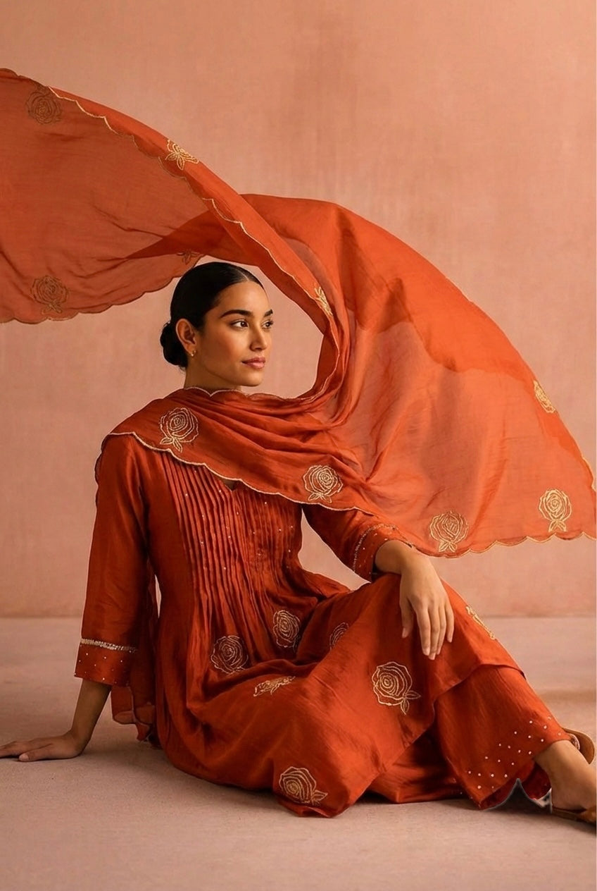 Terracotta Rust Orange, Rose Pintuck Palazzo Set with Scallop Dupatta| HER-587 RUST
