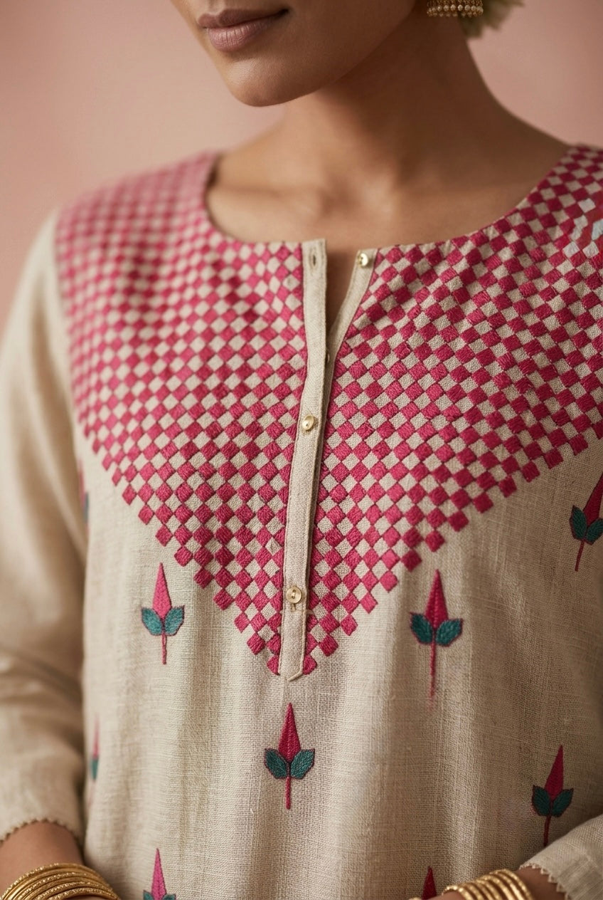 Ivory Beige and Pink Embroidered Pure Chanderi Suit Set