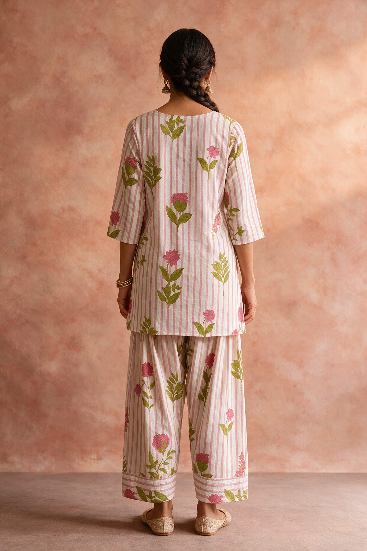Pink Stripe Floral Kurta Set
