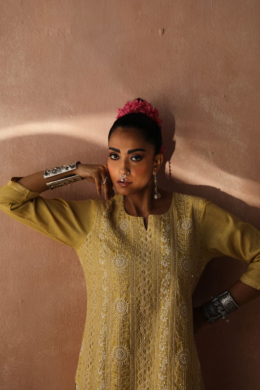 Yellow Chikankari Kurta/Co-ord Set | HER-258