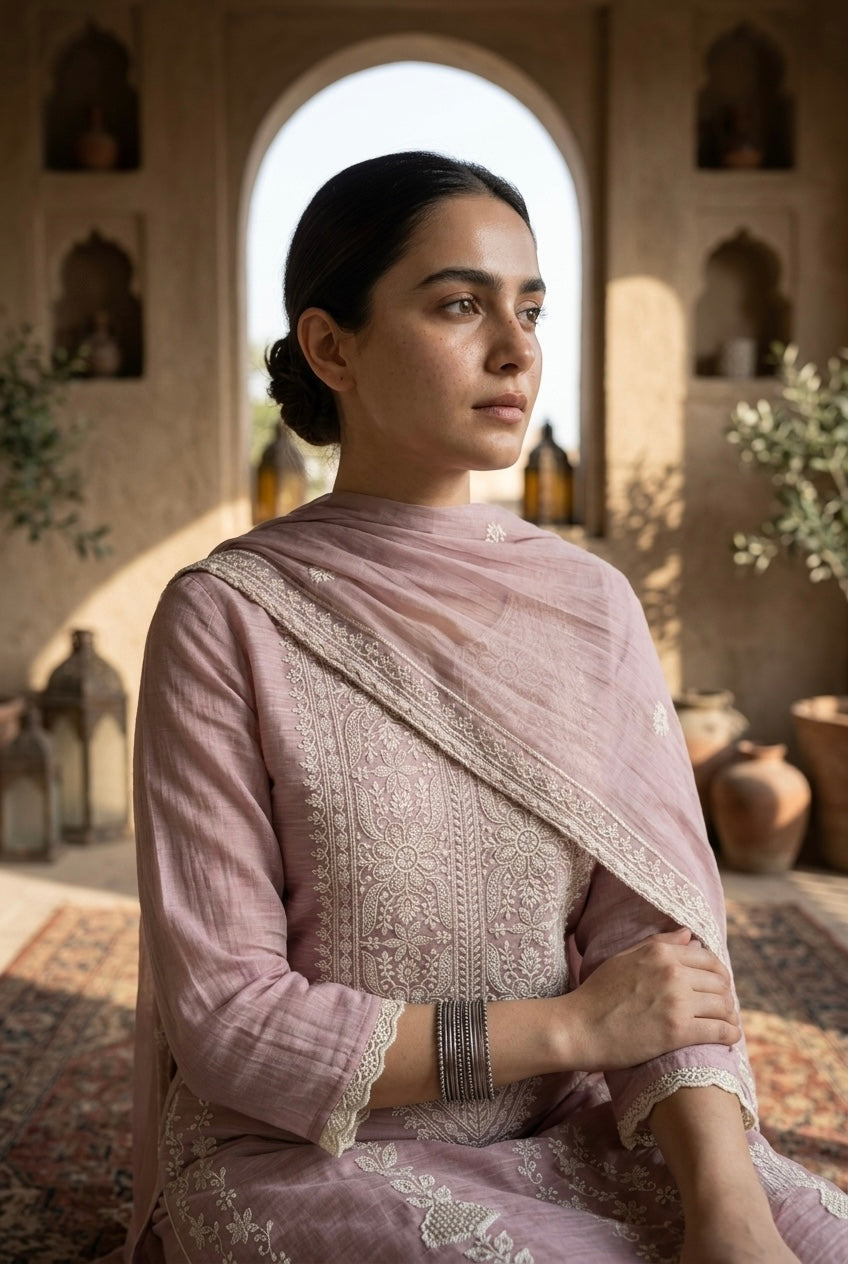 Rose Pink Embroidered Mul-Chanderi Suit Set | HER-786