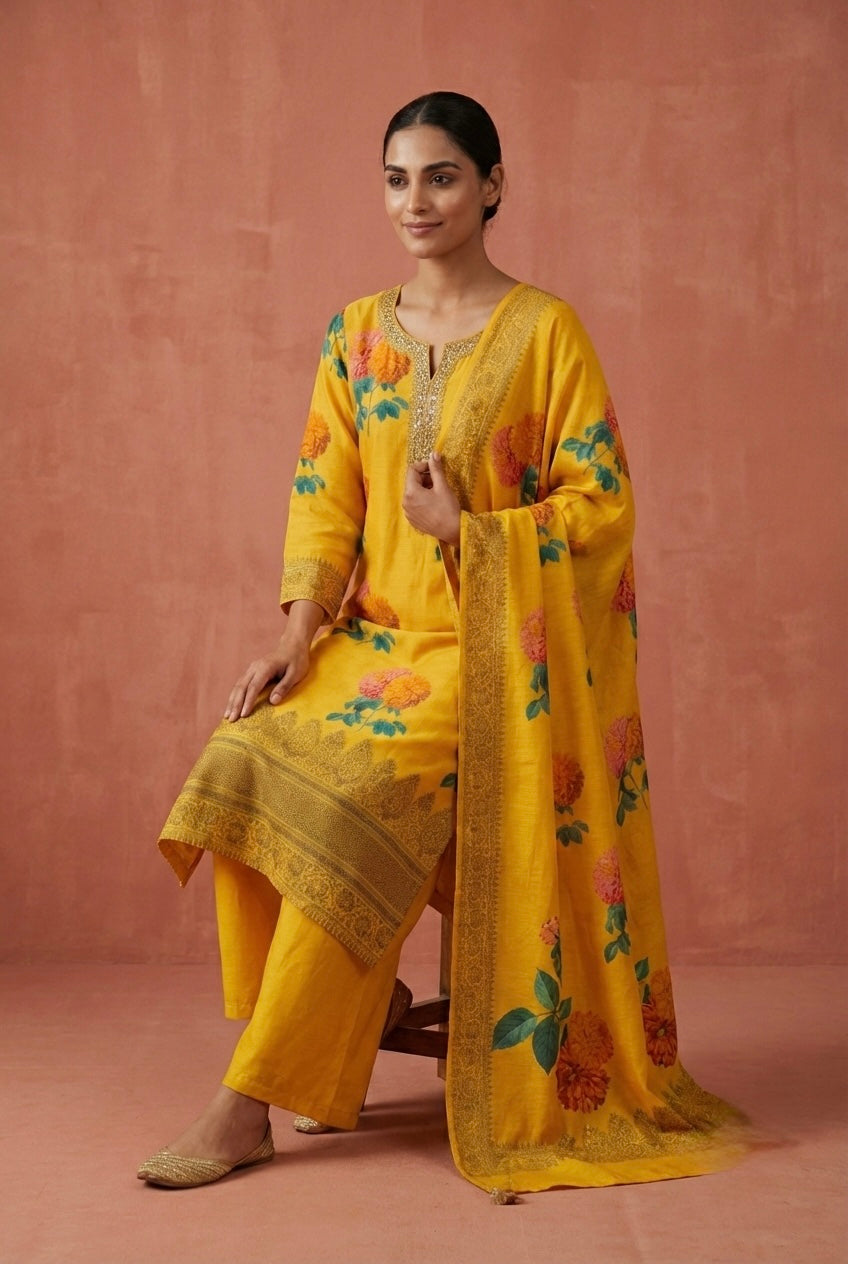 Yellow Floral Chanderi Suit Set | HER-608