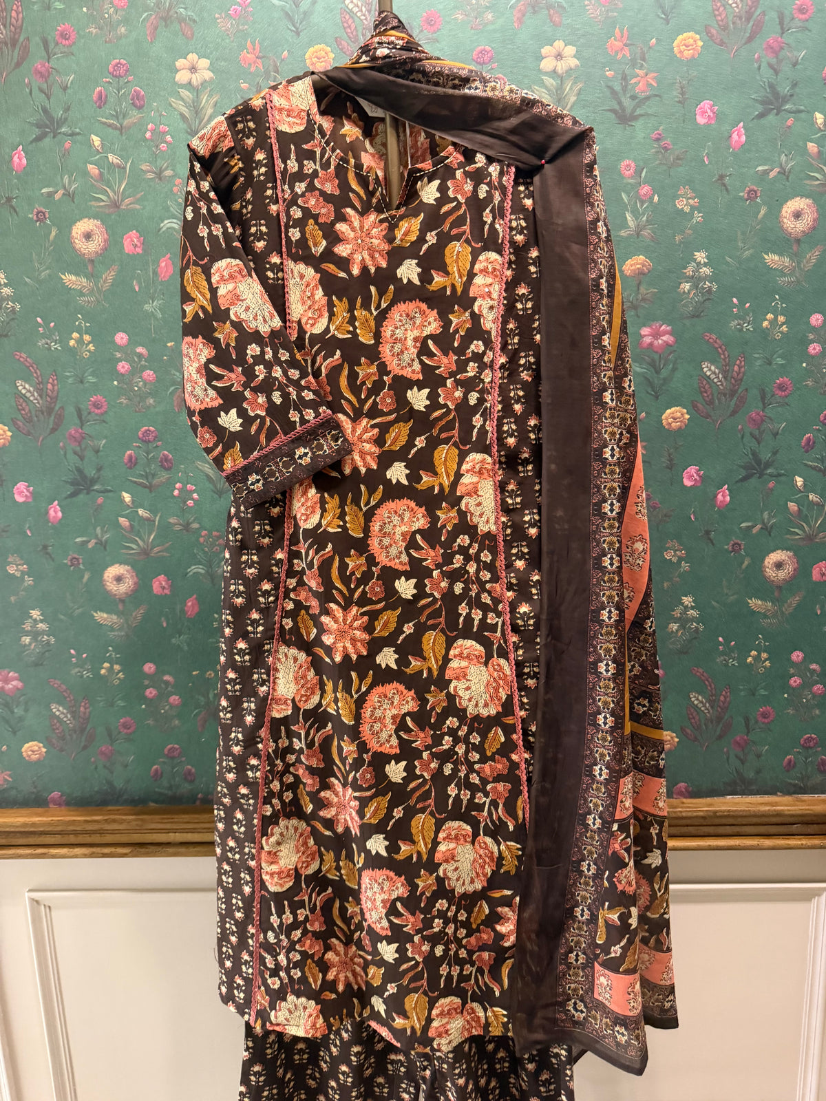 Dark Brown Floral Printed A-Line Cotton Suit Set | HER-713