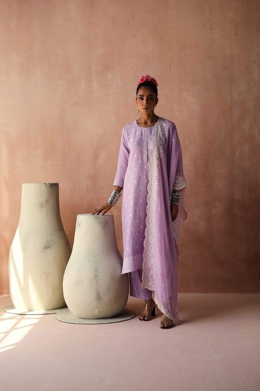 Lavender Straight Fit Cotton Silk Suit Set | HER-236