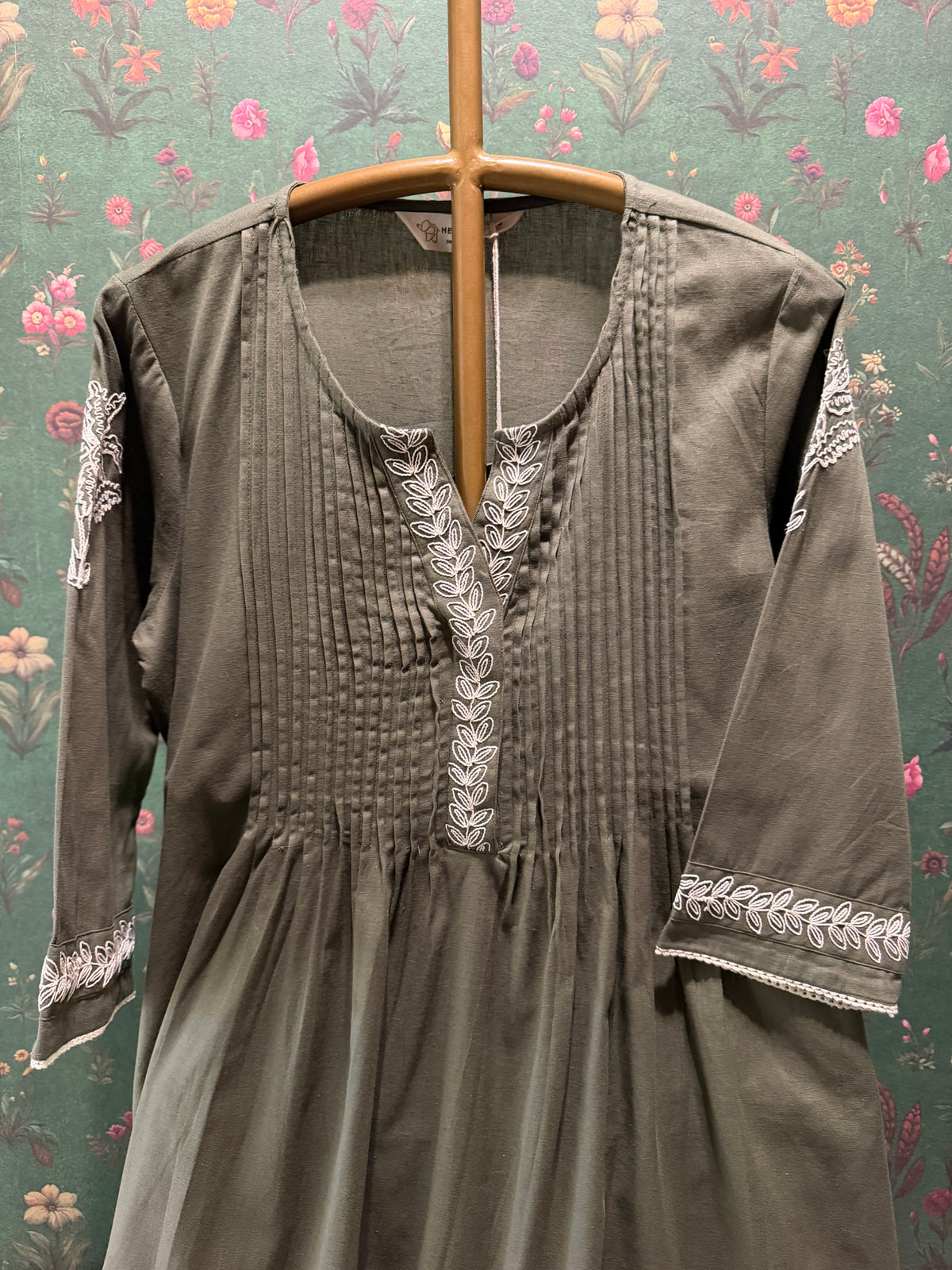 Olive Green Pleated Embroidered Kurta Set