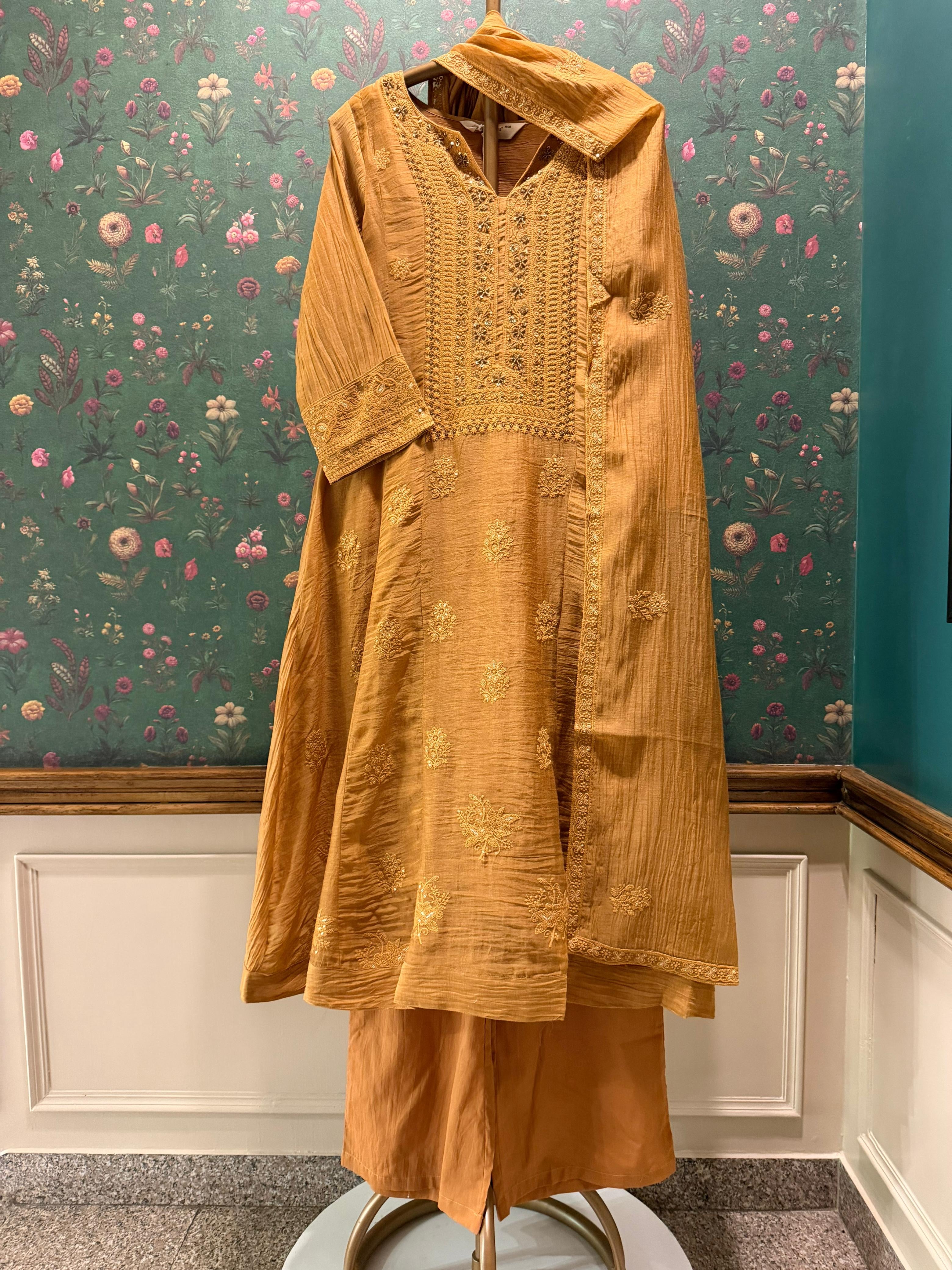 Ochre Yellow Chikankari A-Line Mul Chanderi Suit Set | HER-626