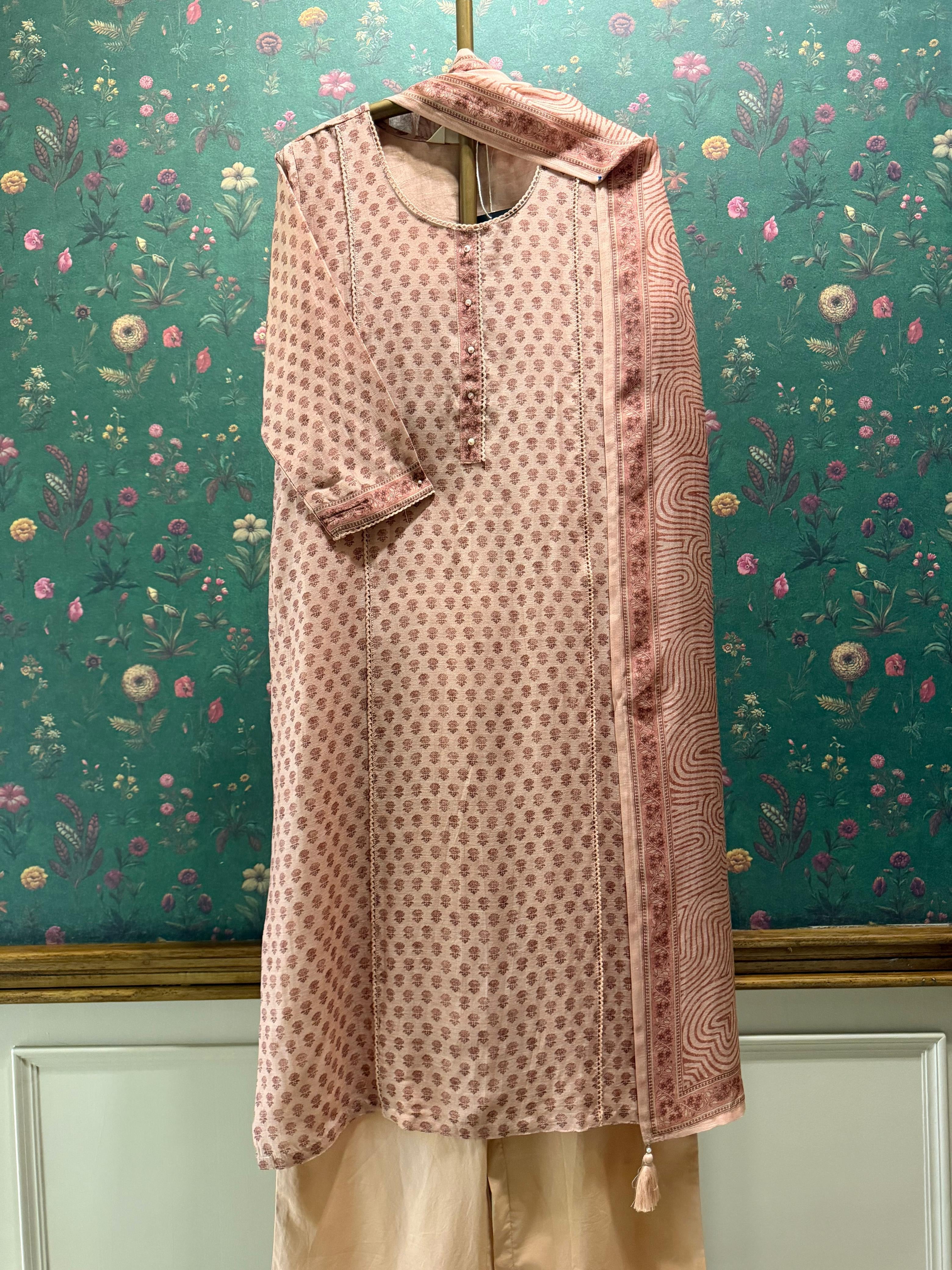 Dusty Peach Printed Linen Cotton Suit Set | HER-772