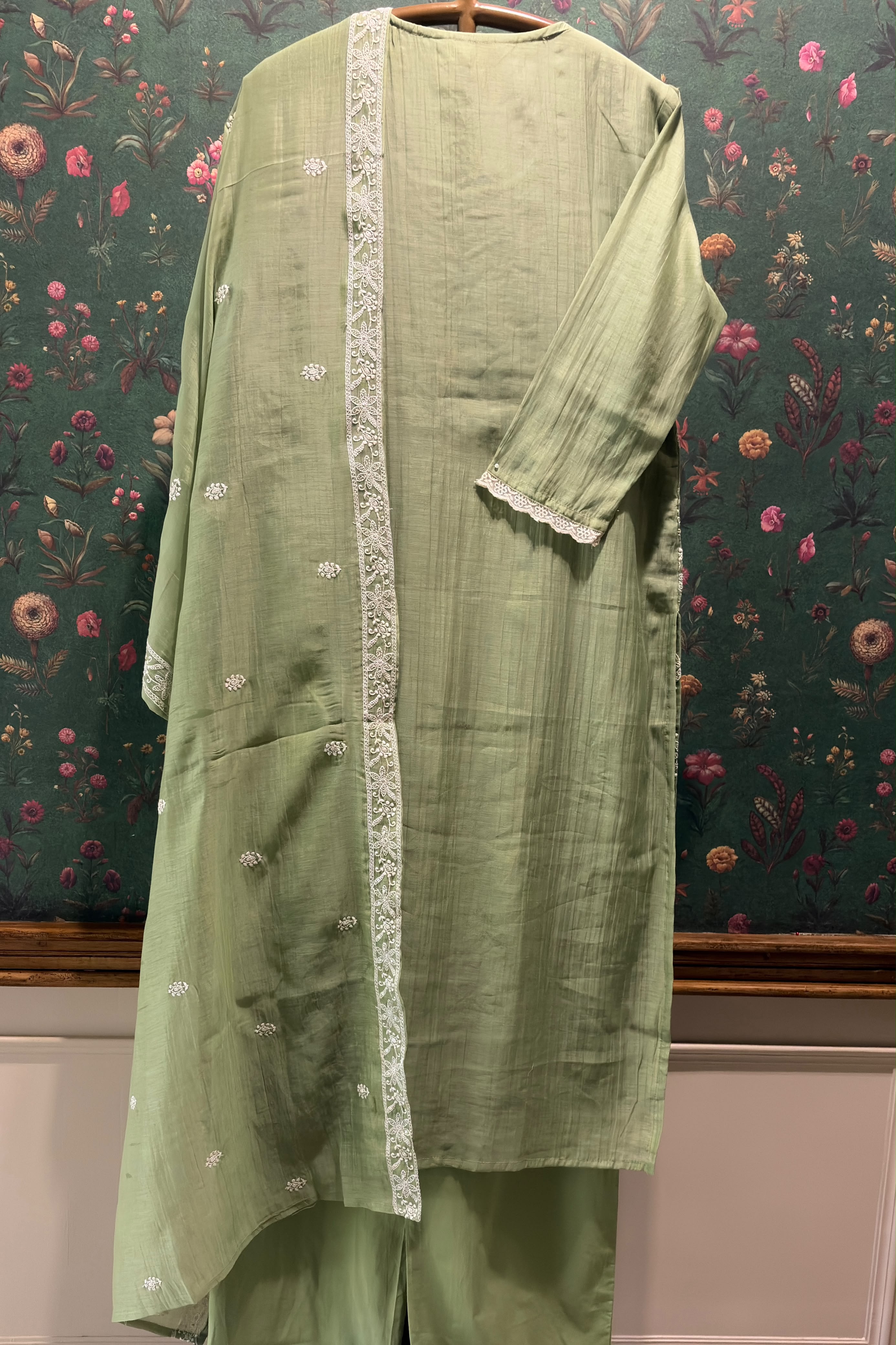 Pistachio Green Embroidered Mul-Chanderi Suit Set