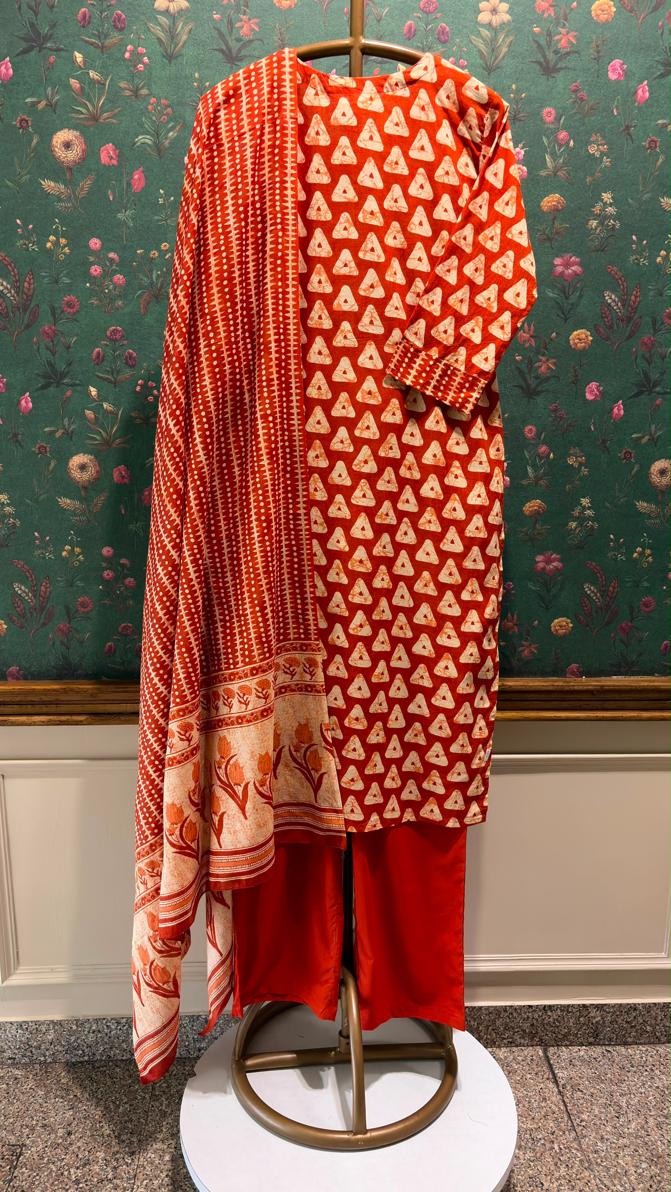 Rust Orange Printed Cotton Suit Set | HER-675