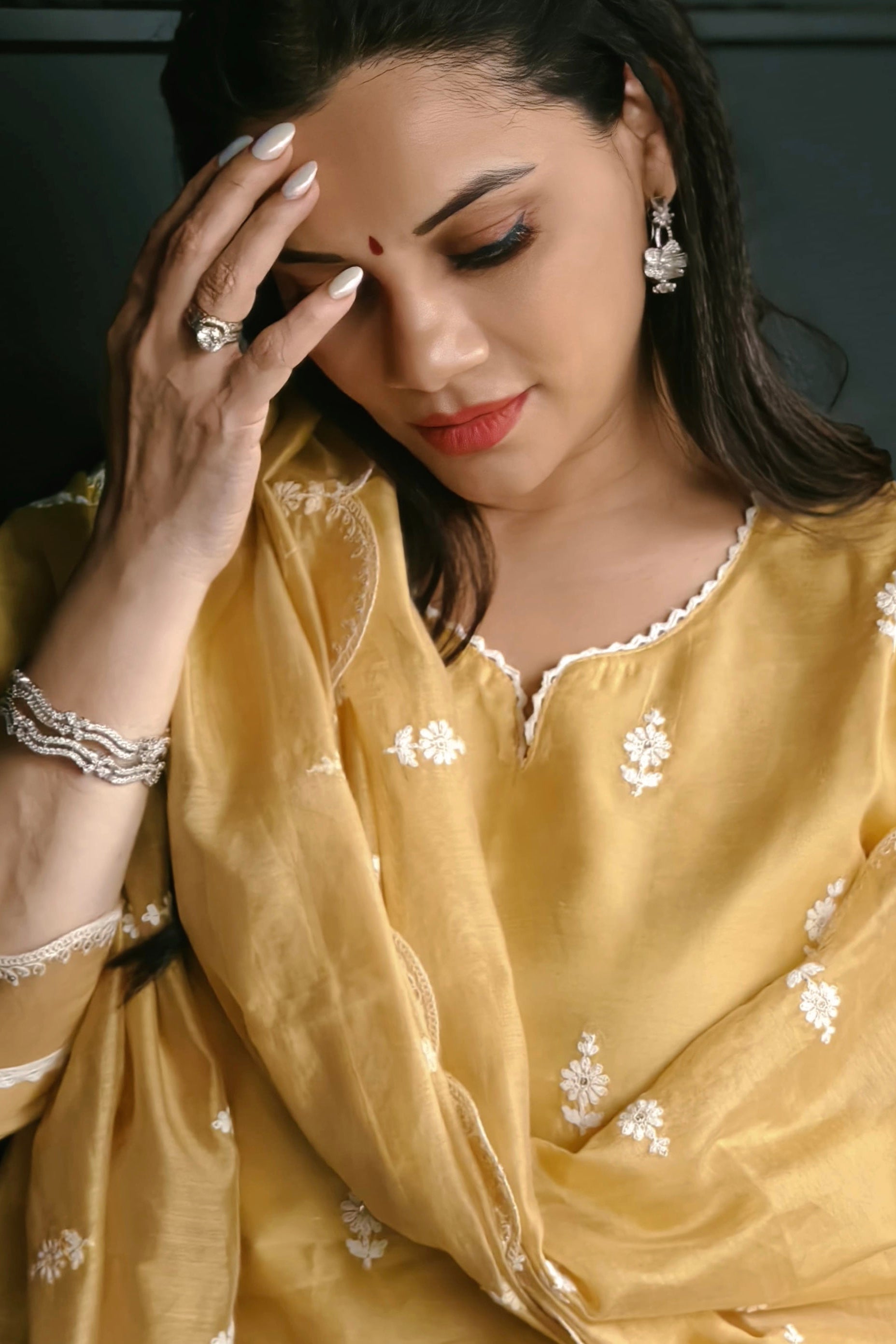 Mustard Yellow Hand-Embroidered Chanderi Suit Set | HER-406