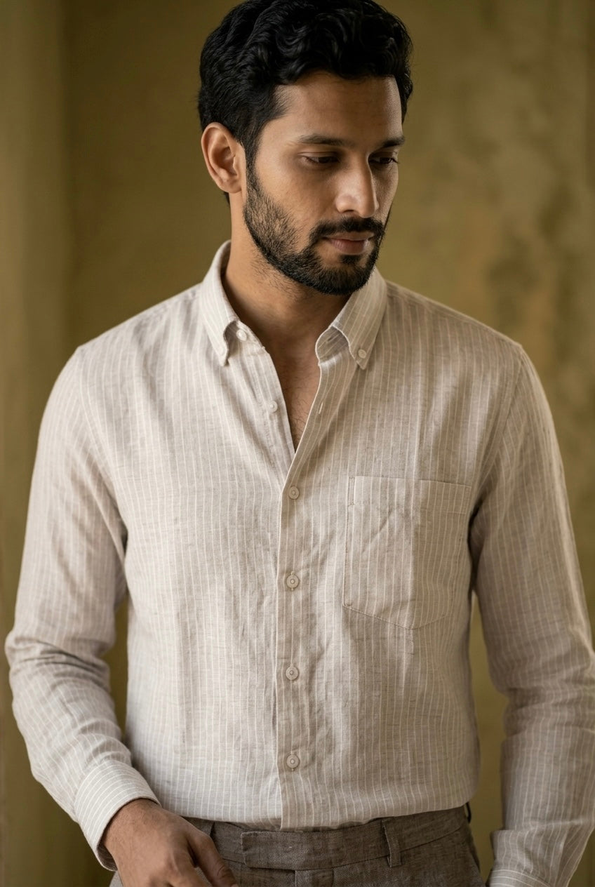 Men’s Ivory Printed Pure Linen Full Sleeves Shirt