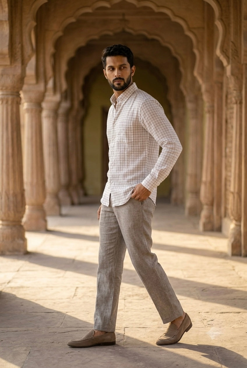 Men’s Ivory Grey Windowpane Check Pure Linen Full Sleeves Shirt