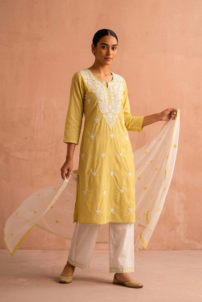 Pastel Yellow Chikankari Suit Set | HER-703