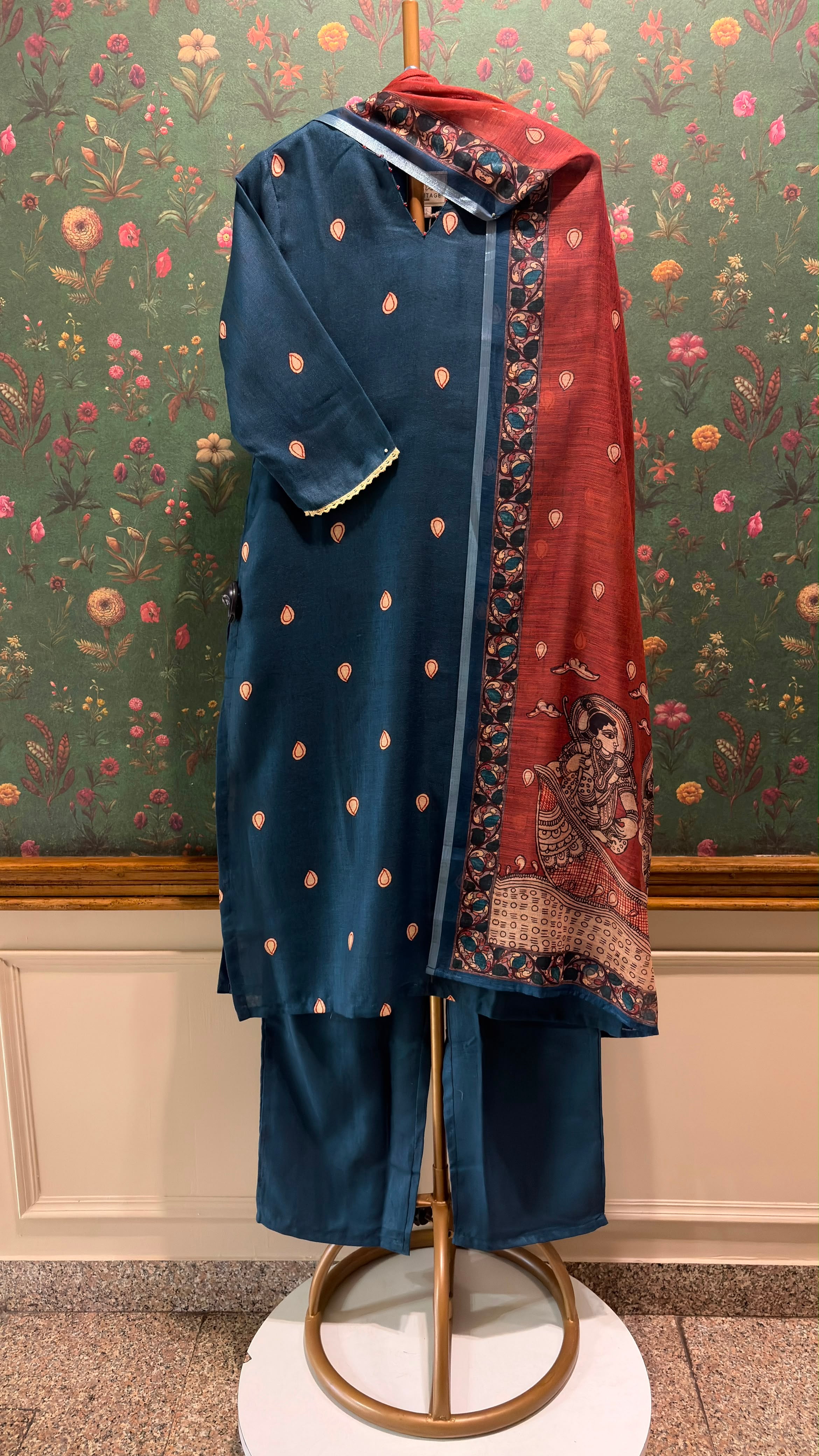 Teal Blue Madhubani Cotton Suit Set | HER-642